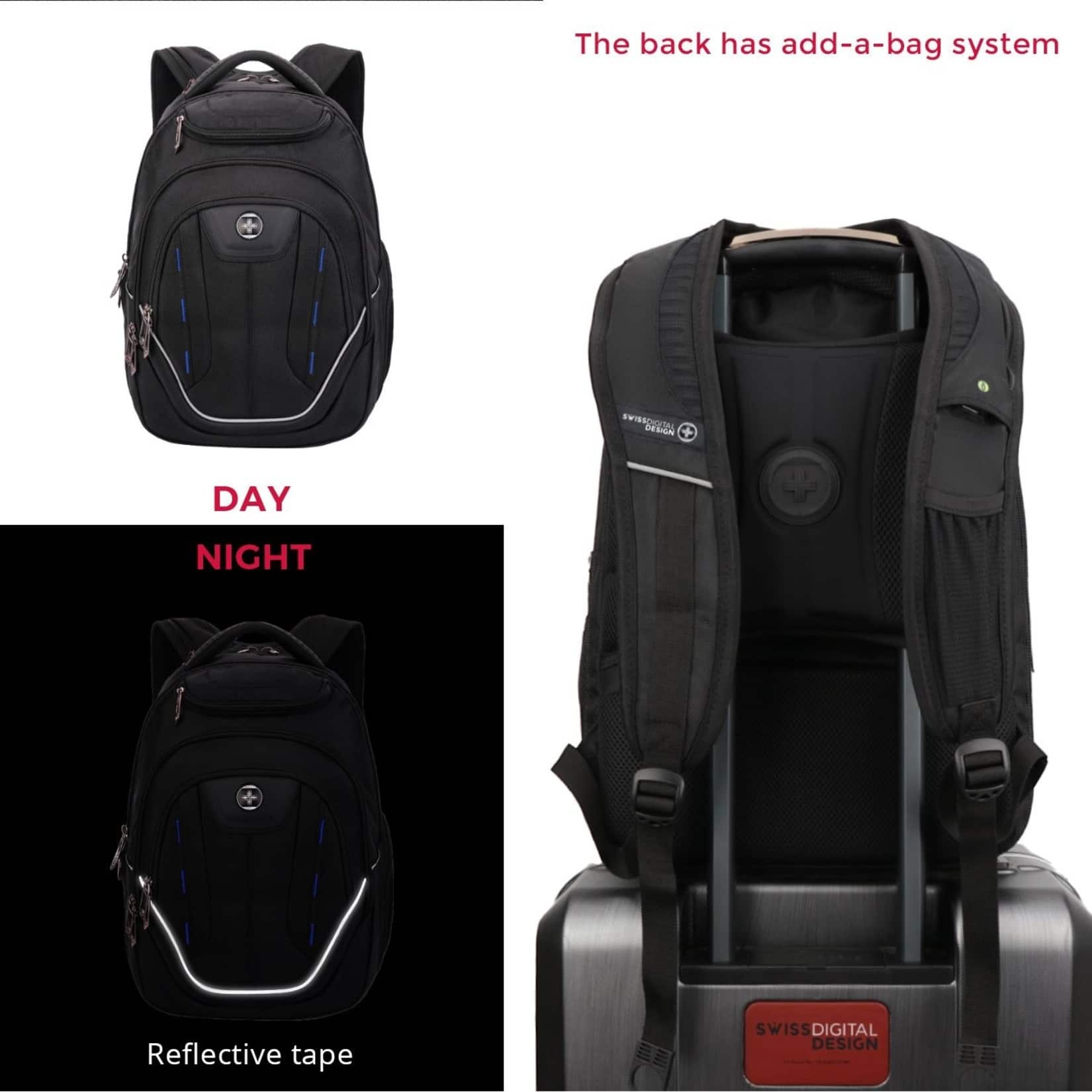 The back has an add-a-bag system. The image shows the backpack in day and night conditions, with reflective tape for visibility. The design is by SwissDigital.