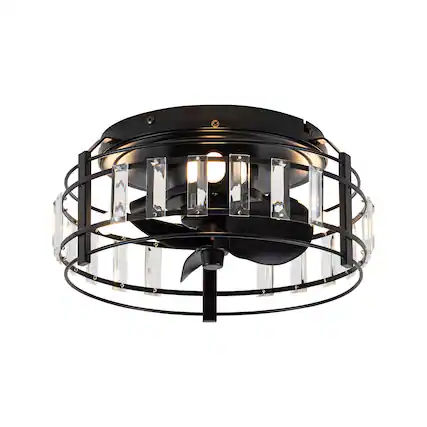 Front. Parrot Uncle - 13" Modern Flush Mount Crystal Ceiling Fan with LED Light - Matte Black.