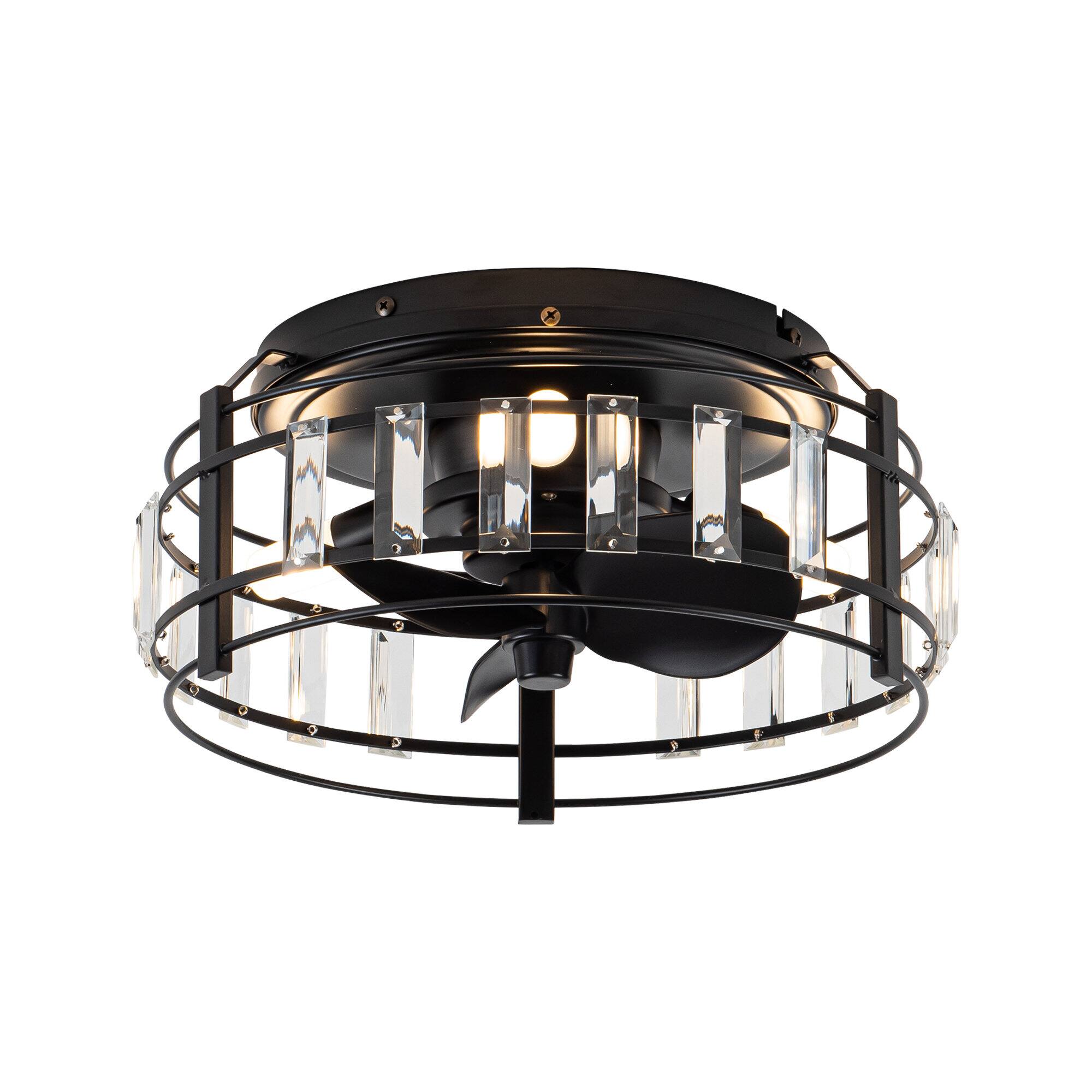 Front. Parrot Uncle - 13" Modern Flush Mount Crystal Ceiling Fan with LED Light - Matte Black.