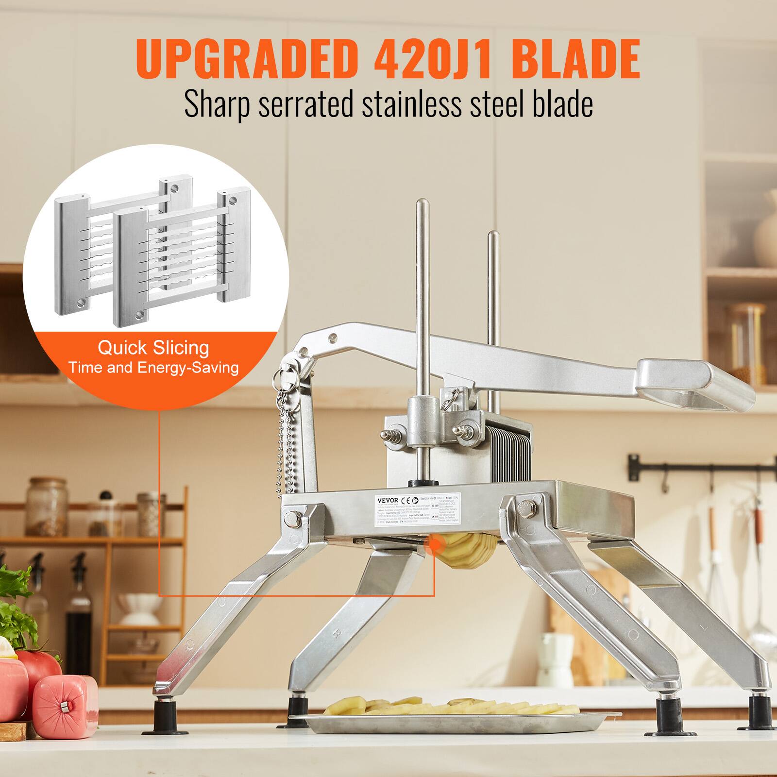 UPGRADED 420J1 BLADE  
Sharp serrated stainless steel blade  

Quick Slicing  
Time and Energy-Saving