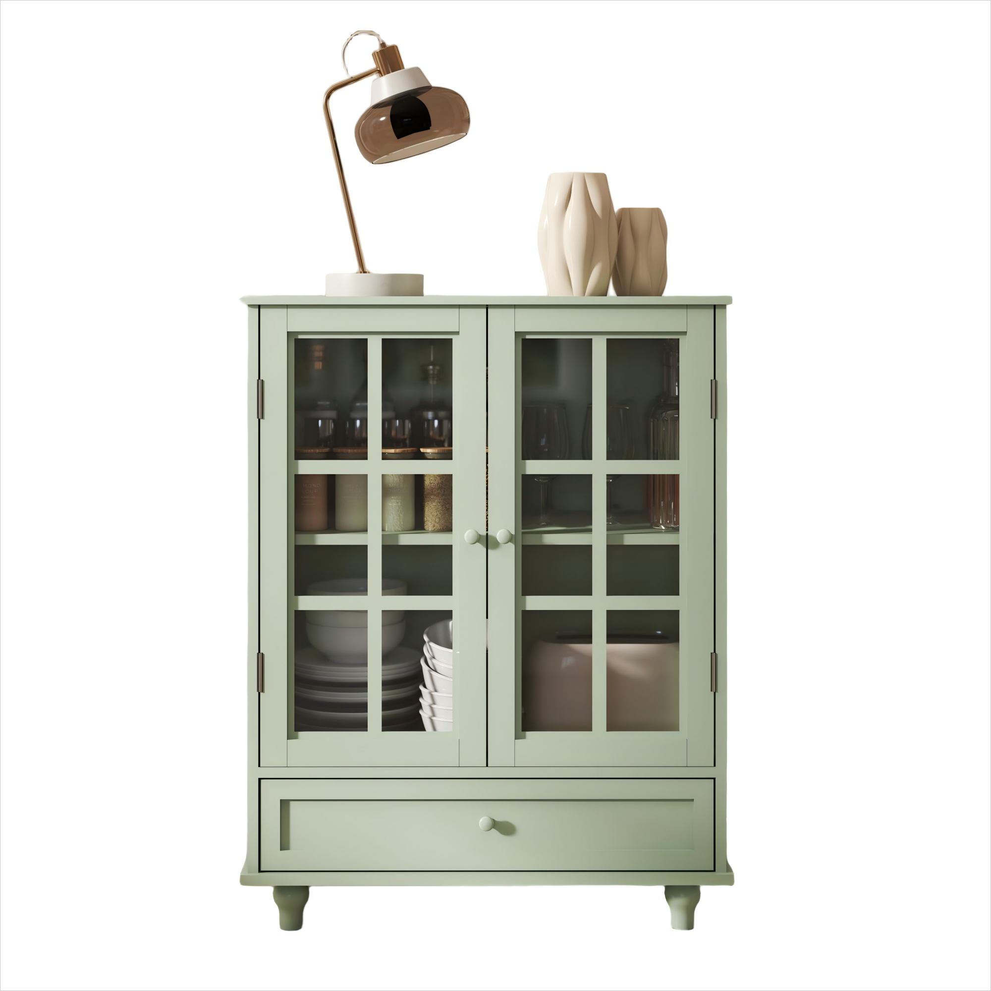 Ecooso - Minimalist Buffet Cabinet with Double Glass Doors, Drawer & Storage Shelves - Green