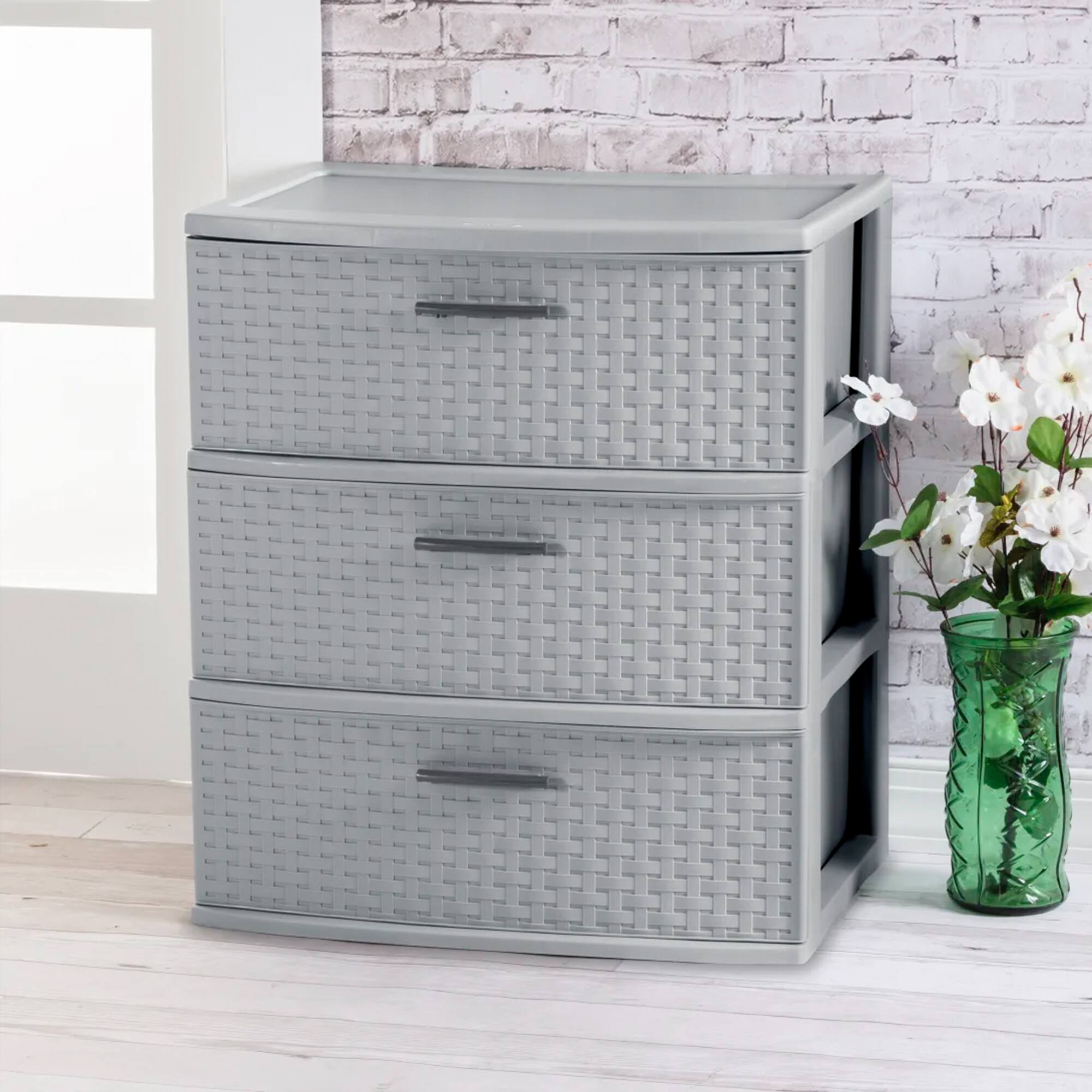 Alt View 2. Sterilite - Sterilite 3 Drawer Wide Storage Tower, Plastic Weave Organizer, Cement, 2 Pack.