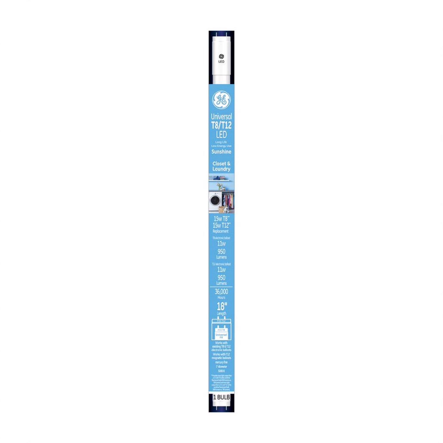 GE - T8 and T12 Frosted Sunshine 18 in. G13 (Medium Bi-Pin T8 LED Linear Tube 15 Watt Equivalence 1 pk