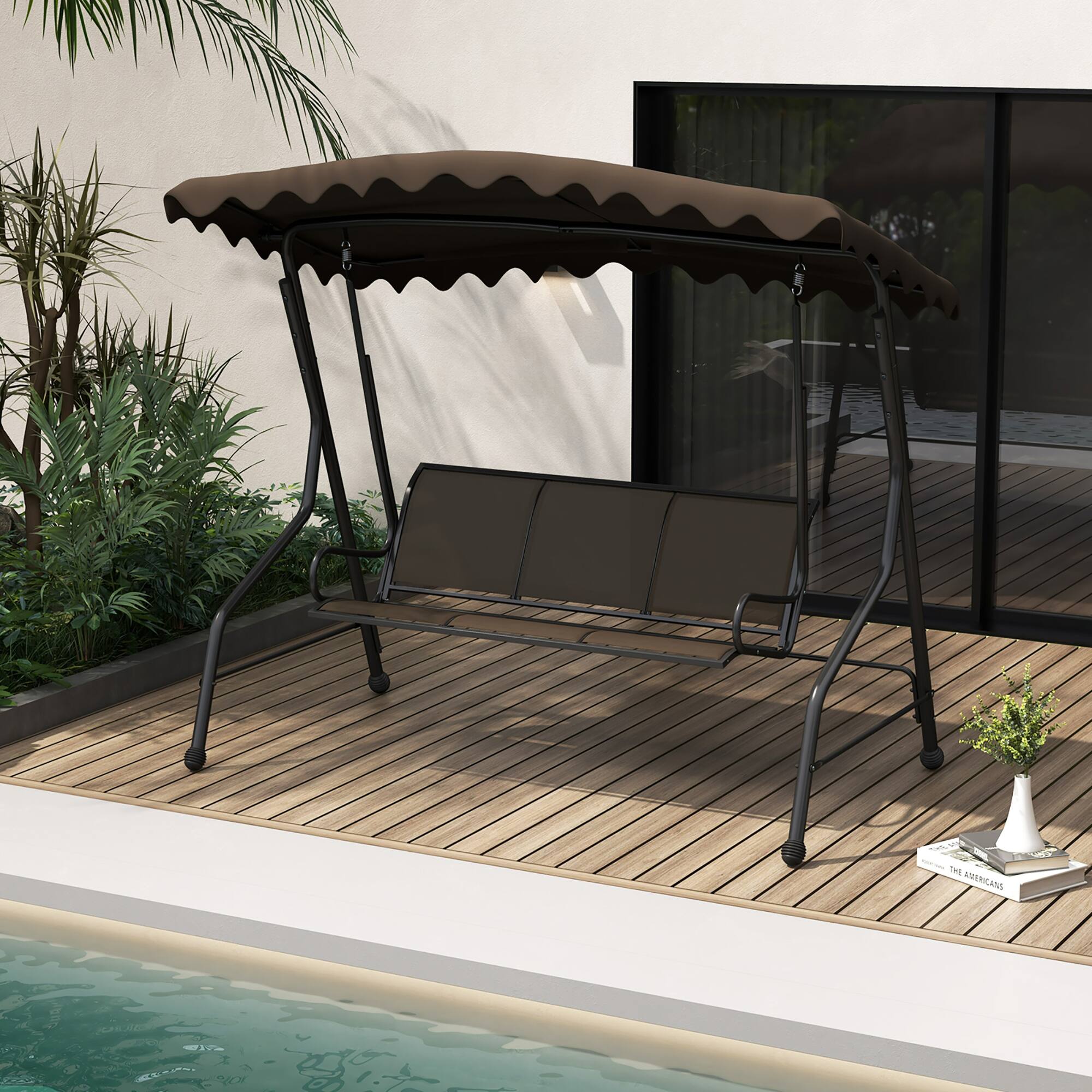 Alt View 4. Gymax - Gymax 3-Seat Outdoor Swing Porch Canopy Swing w/ Adjustable Shading Breathable Seat - Brown.