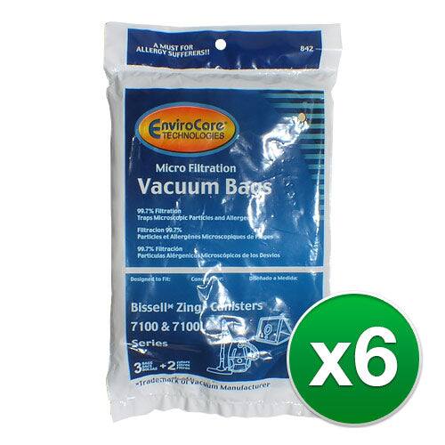 A MUST FOR ALLERGY SUFFERERS!!  
842 E Envirocor Care TECHNOLOGIES Micro Filtration Vacuum Bags  
99.7% Filtration Traps Microscopic Particles and Allergens  
Filtración 99.7% Partículas y Alergénicos Microscópicos de 99.7%  
Filtración Partículas Alérgenicos Microscópicos de los Desvios  
Designed to Fit:  
Con Diseñado a Medida:  
Bissell* Zing Canisters 7100 & 7100 Series  
3 + 2 oR Vacuum Manufacturer  
x6