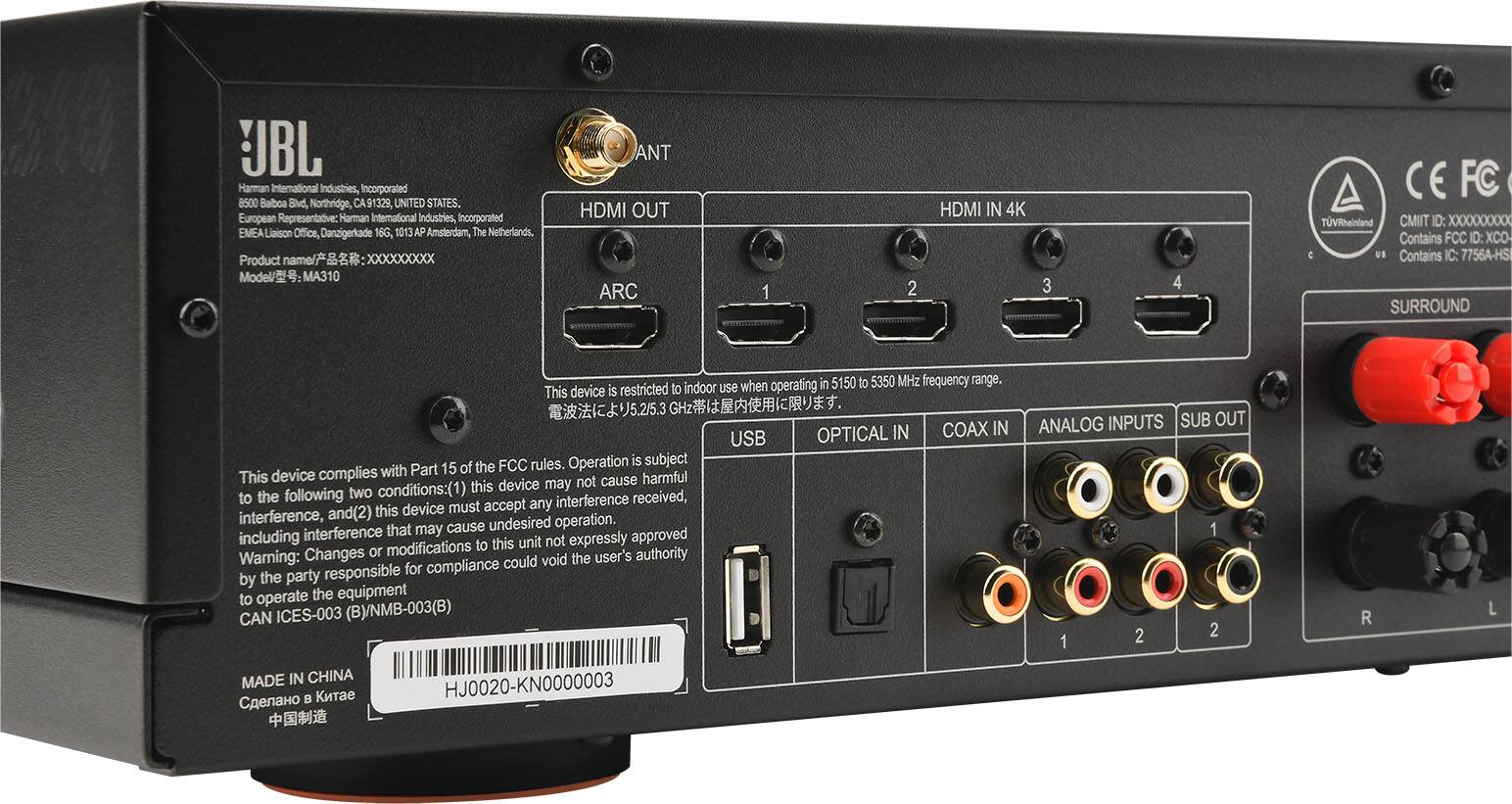 JBL Harman International Industries, Incorporated 8500 Baboa Blvd, Northridge, 91329, UNITED STATES, European Representative: Harman International Industries, Incorporated EMEA Liaison Office, Danzigerkade 16G, 1013 AP Amaterdam, The Netherlands. Product XXXXXXXXX MA310 ANT HDMI OUT ARC 1 2 HDMI IN 4K 3 4 CE FC I TUVRheinland CMIIT ID: XXXXXXXXXXXX Contains FCC ID: XCO-U Contains IC: 7756A-HSI SURROUND when operating in 5150 to 5350 MHz frequency range. This device is restricted to indoor use J5.2/5.3 OPTICAL IN COAX IN USB FCC rules. Operation is subject to the following two conditions: (1) this device may cause harmful interference when operating in the 5150 to 5350 MHz frequency range, and (2) this device must accept any interference, including interference that may cause undesired operation or personal injury. Changes or modifications to this unit not expressly approved by the party responsible for compliance could void the user's authority to operate the equipment.