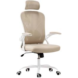 HTUTWOO - Ergonomic Office Chair with Adjustable Lumbar Support & Headrest, Space-Saving Flip-Up Armrests for Home Office,Gaming - Khaki + White