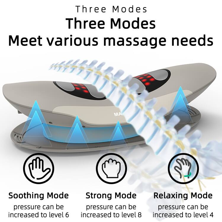 Three Modes  
Meet various massage needs  

Soothing Mode  
pressure can be increased to level 6  

Strong Mode  
pressure can be increased to level 8  

Relaxing Mode  
pressure can be increased to level 4