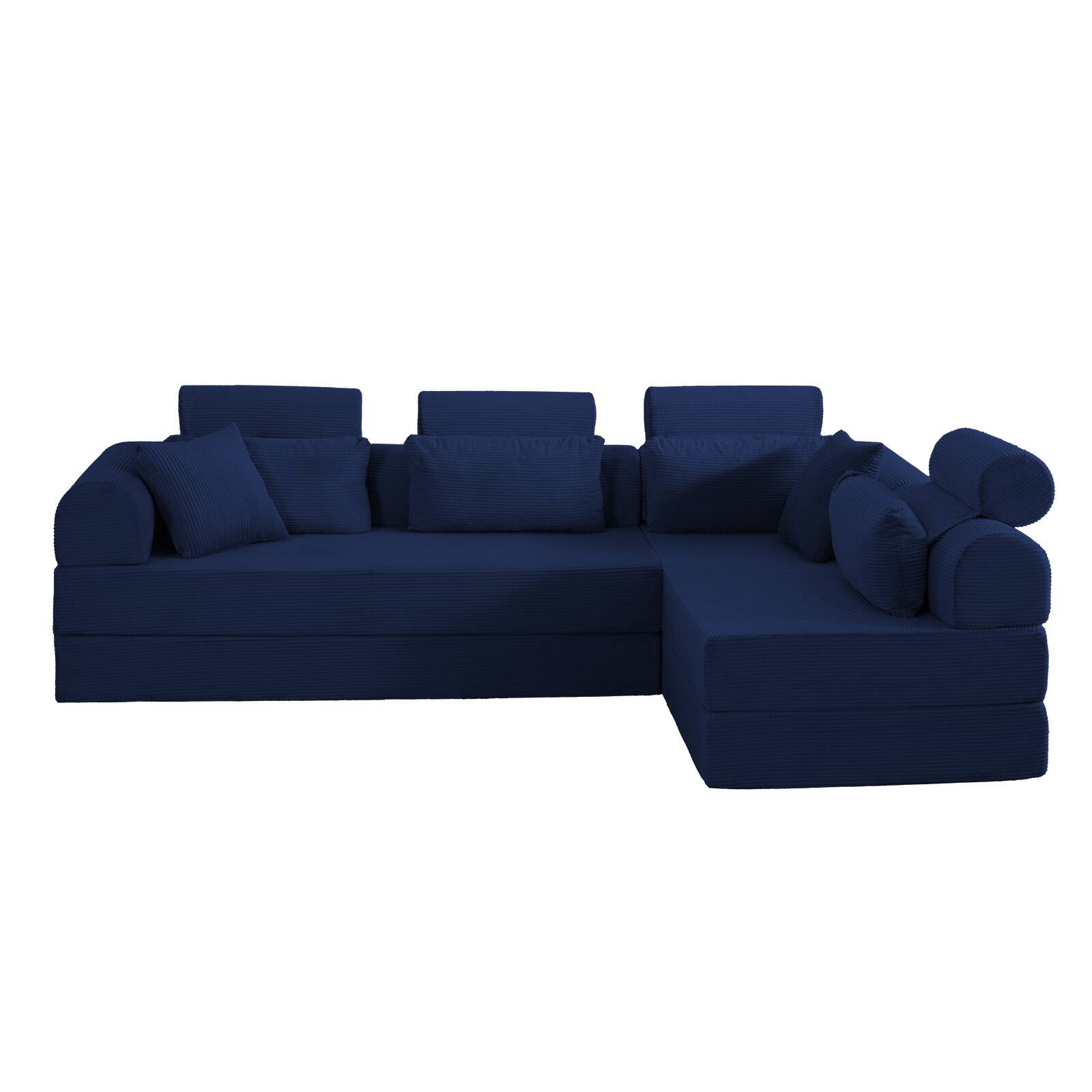 Alt View 2. Roomtec - L shape Modular Sectional Sofa Compressed Sectional Sofa Modern Minimalist Style Corduroy CouchUnfold into a bed - Blue.