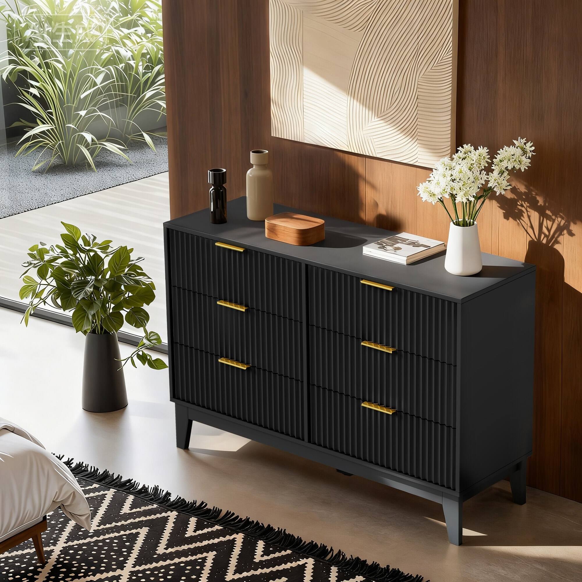 Alt View 5. U-HOMY - Modern 6 Drawer Fluted Dresser, Mid Century Wide Chest of Drawers with Metal Handles for Bedroom and Living Room - Blcak.