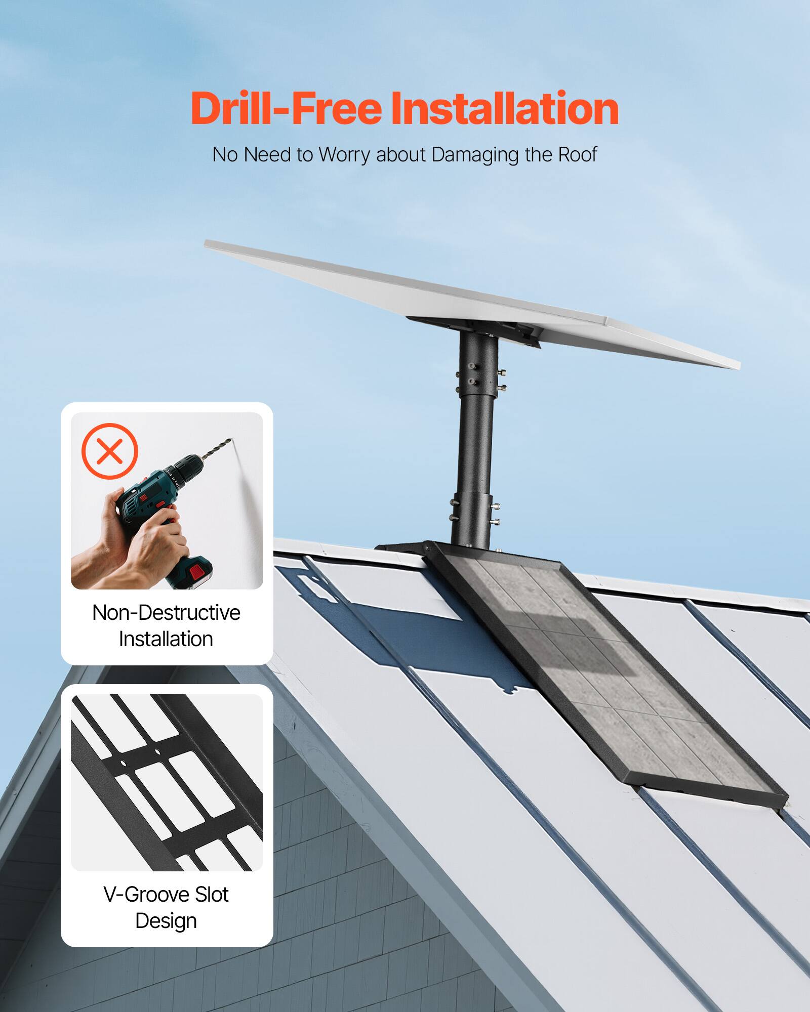 Drill-Free Installation, No Need to Worry about Damaging the Roof, Non-Destructive Installation, V-Groove Slot Design