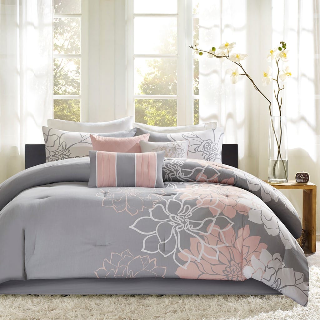 TinyHomie - Printed Cotton Sateen Comforter Set Grey/Peach Cal King - Grey and Peach