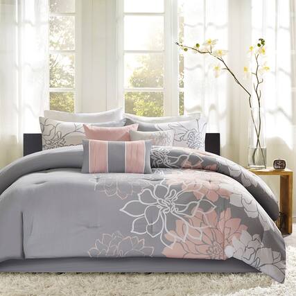 Front. TinyHomie - Printed Cotton Sateen Comforter Set Grey/Peach Twin/Twin XL - Grey and Peach.
