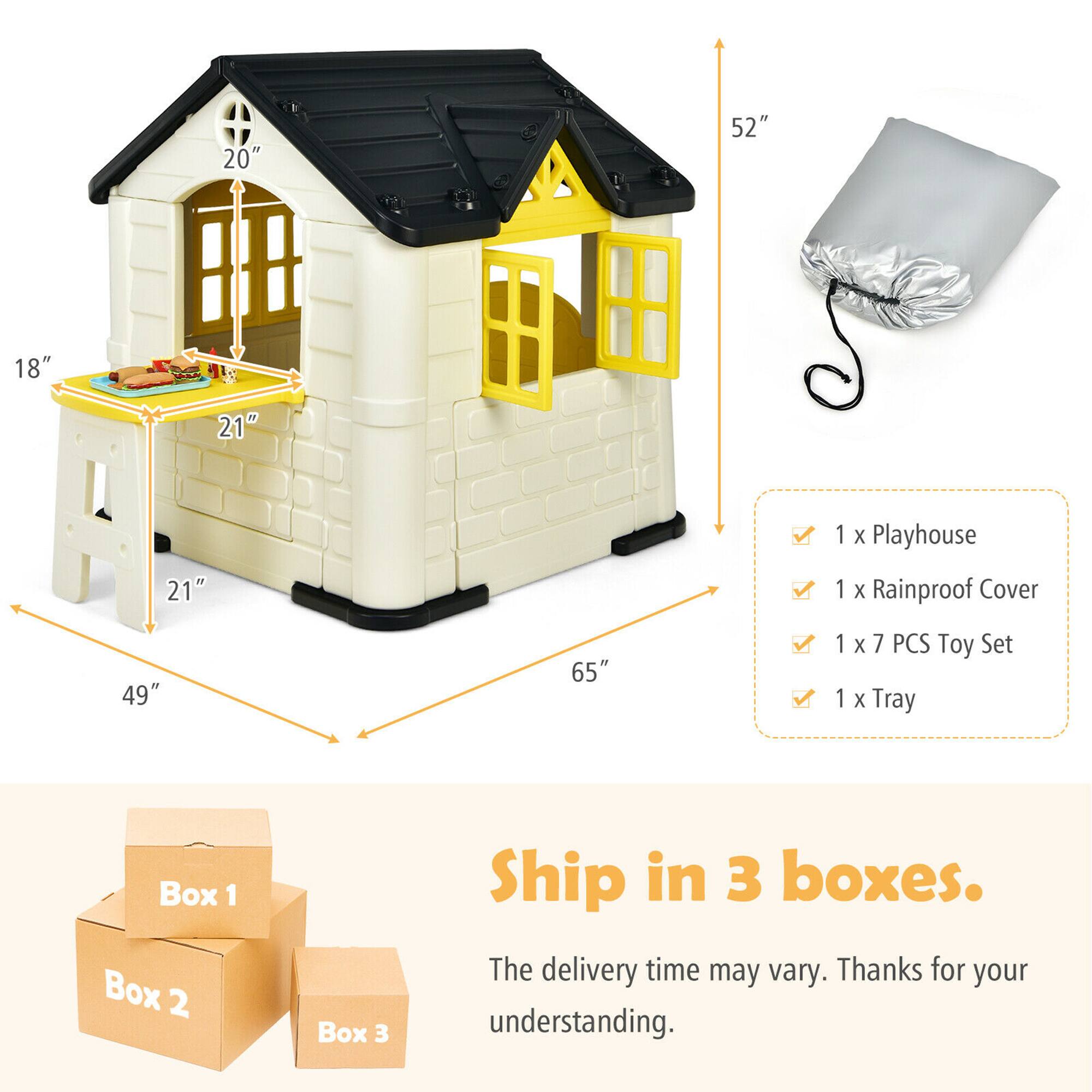 20" 52" 18" 21" 21" 49" 65"  
1 X Playhouse  
1 X Rainproof Cover  
1 X 7 PCS Toy Set  
1 X Tray  

Ship in 3 boxes.  
The delivery time may vary. Thanks for your understanding.