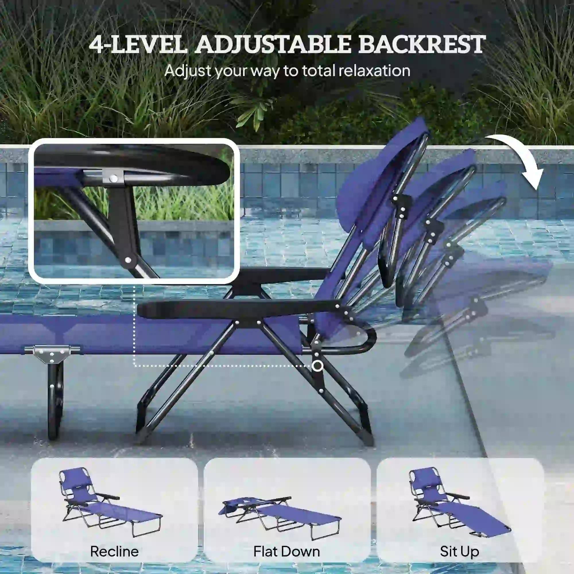 4-LEVEL ADJUSTABLE BACKREST  
Adjust your way to total relaxation  

Recline  
Flat Down  
Sit Up