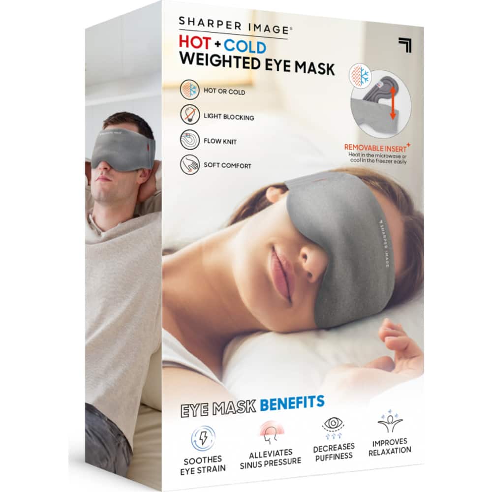 SHARPER IMAGE HOT + COLD WEIGHTED EYE MASK HOT OR COLD LIGHT BLOCKING FLOW KNIT SOFT COMFORT REMOVABLE INSERT Heat in the microwave or cool in the freezer easily MADE EYE MASK BENEFITS 4 IMPROVES DECREASES RELAXATION ALLEVIATES PUFFINESS SOOTHES SINUS PRESSURE EYE STRAIN