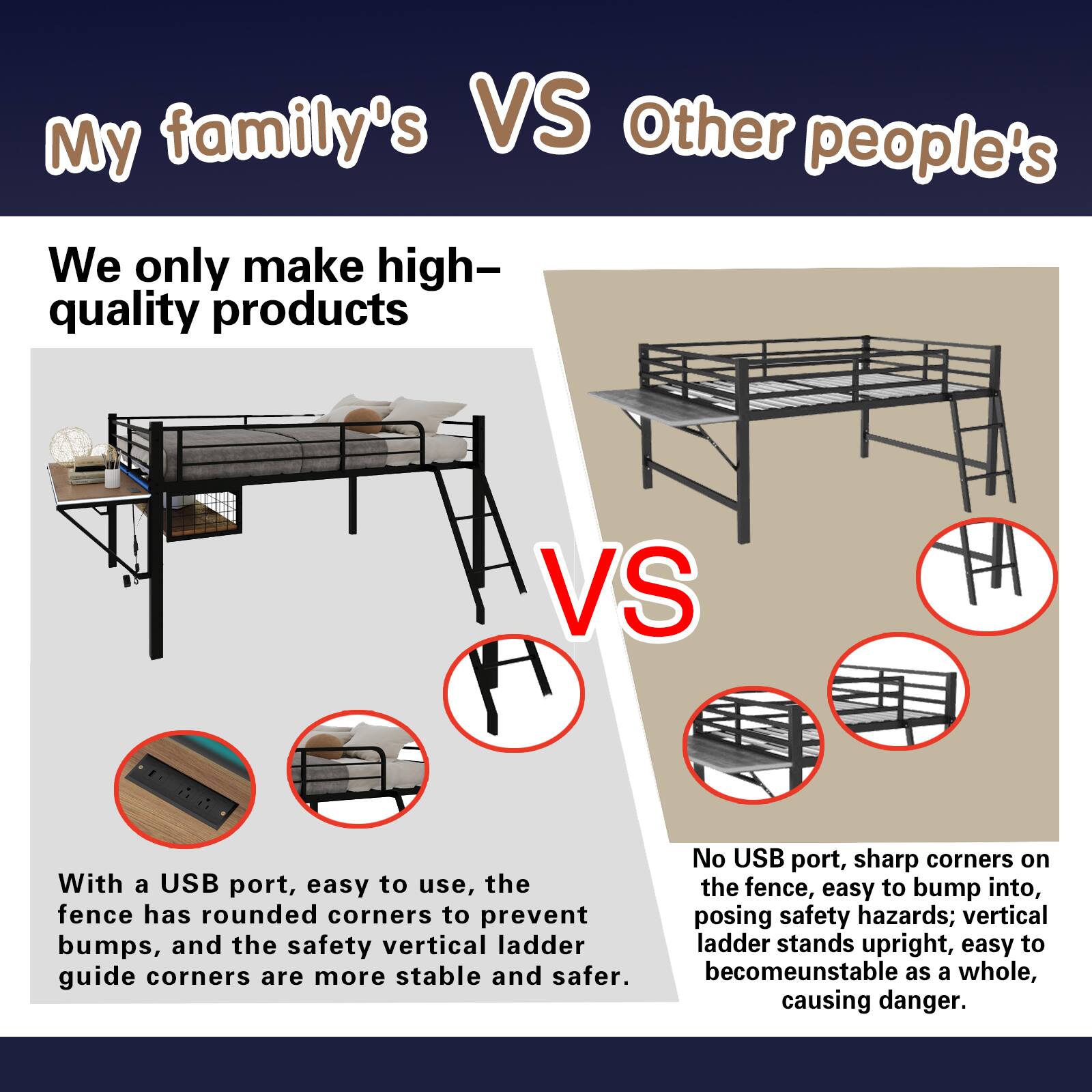 My family's VS Other people's

We only make high-quality products VS No USB port, sharp corners on the fence, easy to bump into, posing safety hazards; vertical ladder stands upright, easy to become unstable as a whole, causing danger.

With a USB port, easy to use, the fence has rounded corners to prevent bumps, and the safety vertical ladder guide corners are more stable and safer.