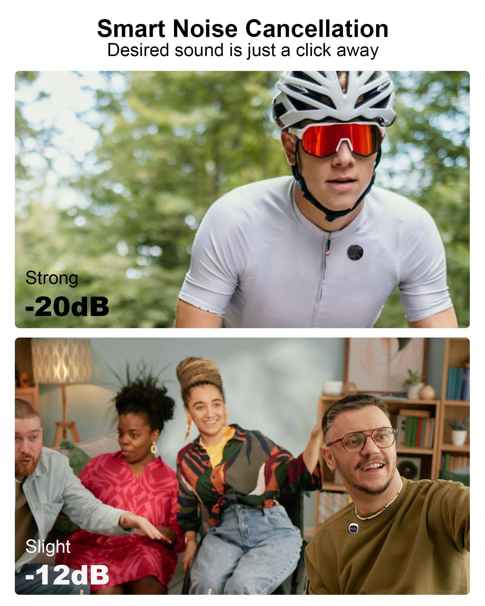 Smart Noise Cancellation  
Desired sound is just a click away  

Strong  
-20dB  

Slight  
-12dB