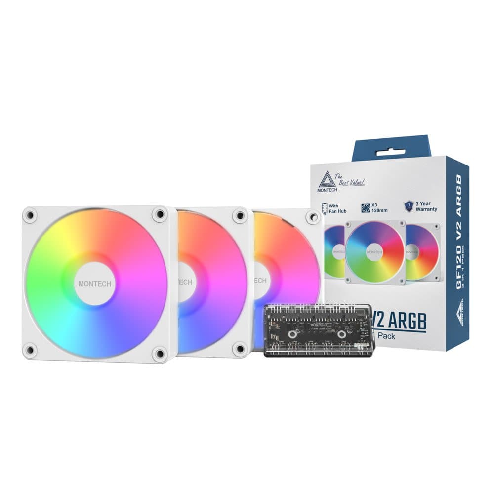 Montech - GF120 V2 ARGB GF120V2W3in1 120mm Case Fan - Sleek & Minimalist Design, High Airflow, 3 in 1 Pack with 6X6 Fan Hub - White