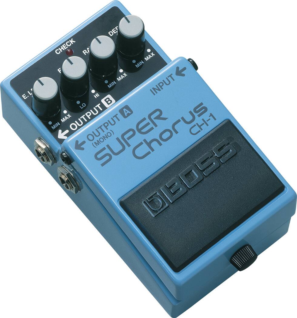 SUPER Chorus  
CH-1  
BOSS  

E.L.  
F  
R  
B  

CHECK  
DEF  

INPUT  
OUTPUT A (MONO)  
OUTPUT B  

MIN MAX  
MIN MAX  
MIN MAX  
MIN MAX  

HI  
LO