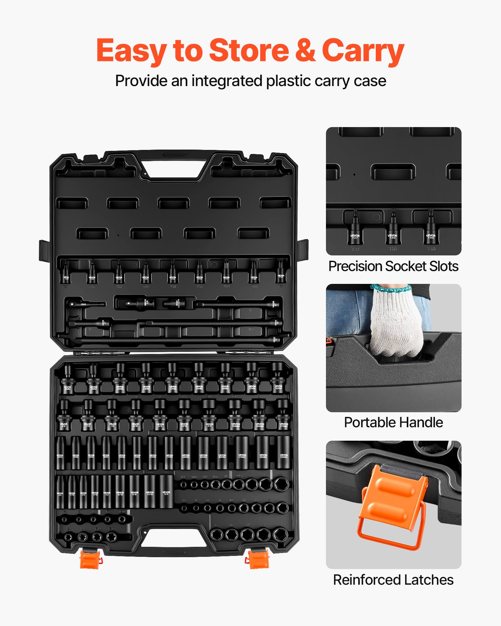 Easy to Store & Carry  
Provide an integrated plastic carry case  

Precision Socket Slots  
Portable Handle  
Reinforced Latches