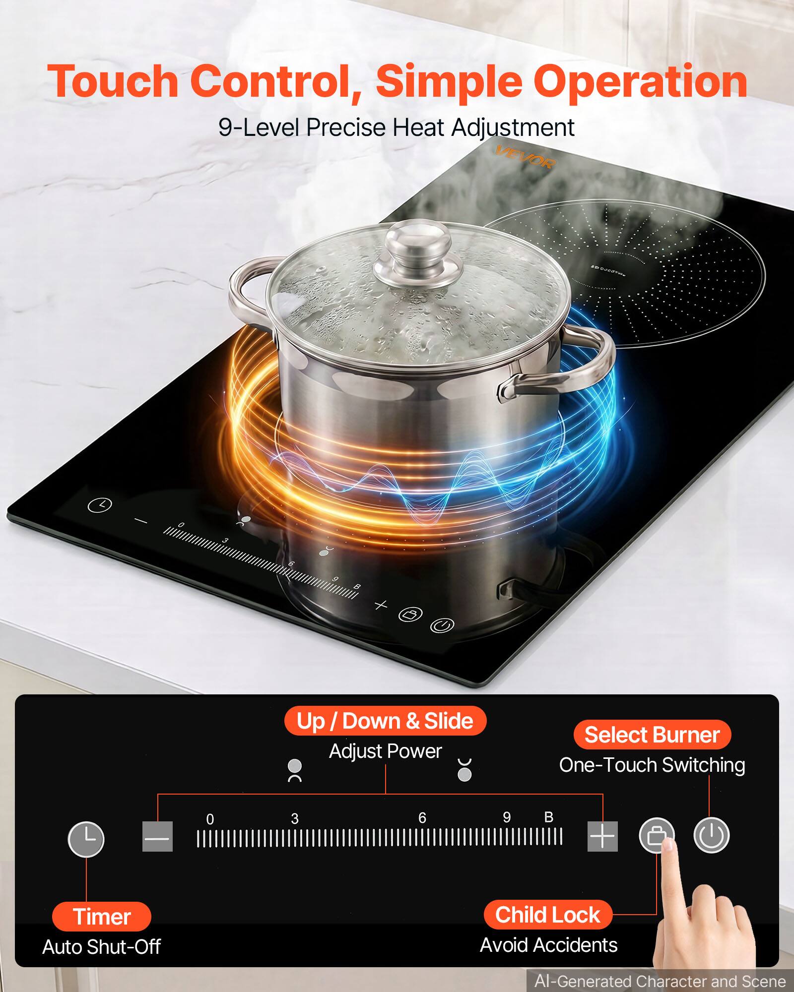 Touch Control, Simple Operation  
9-Level Precise Heat Adjustment  
VEVOR  

Up / Down & Slide Adjust Power  
Select Burner One-Touch Switching  

Timer Auto Shut-Off  
Child Lock Avoid Accidents  

AI-Generated Character and Scene