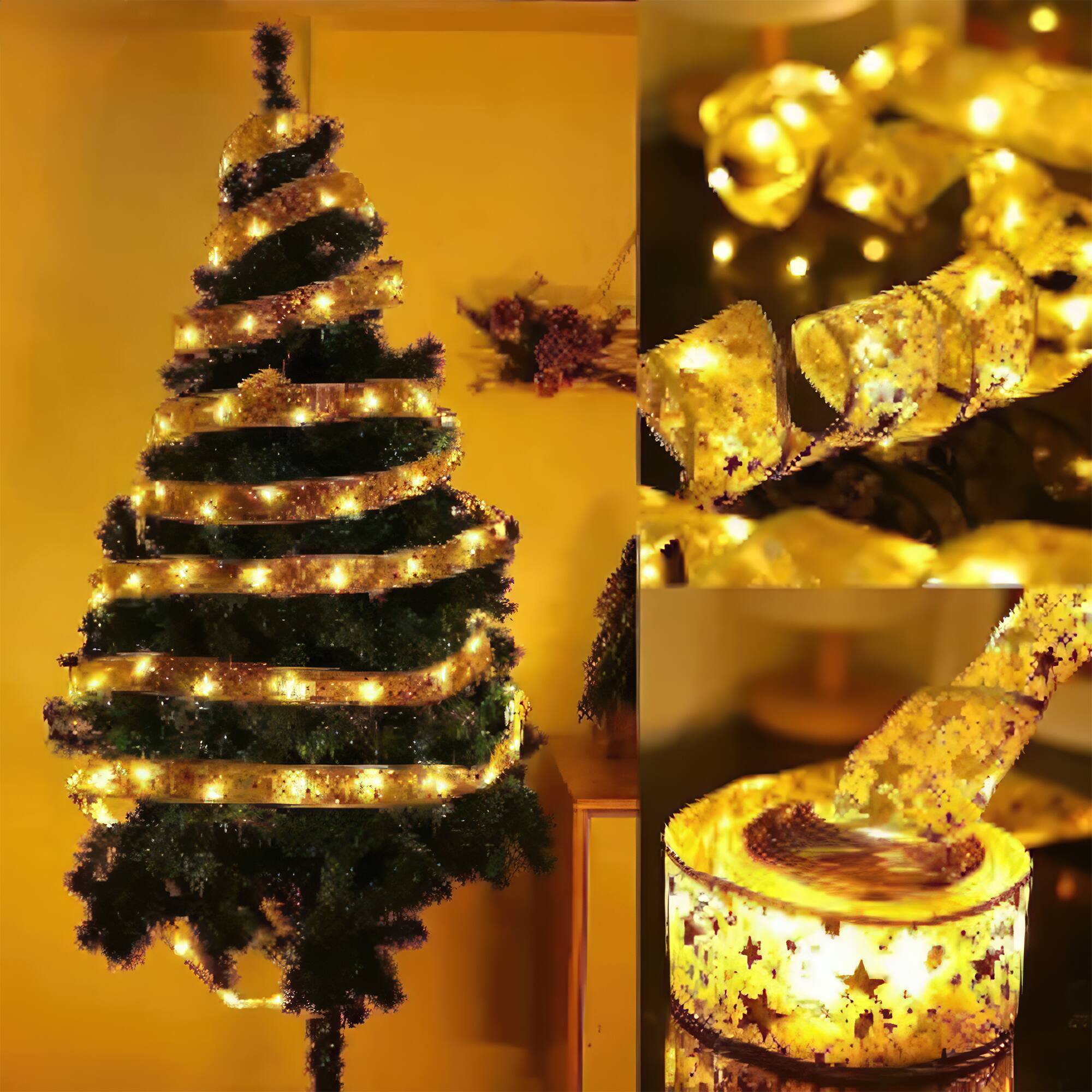 Angle. FC Design - 2pc of Christmas Tree Wrap Gold Silk Ribbon Lights with 50 Warm White Mini LEDs, Flexible Decorative Ribbon - Gold.