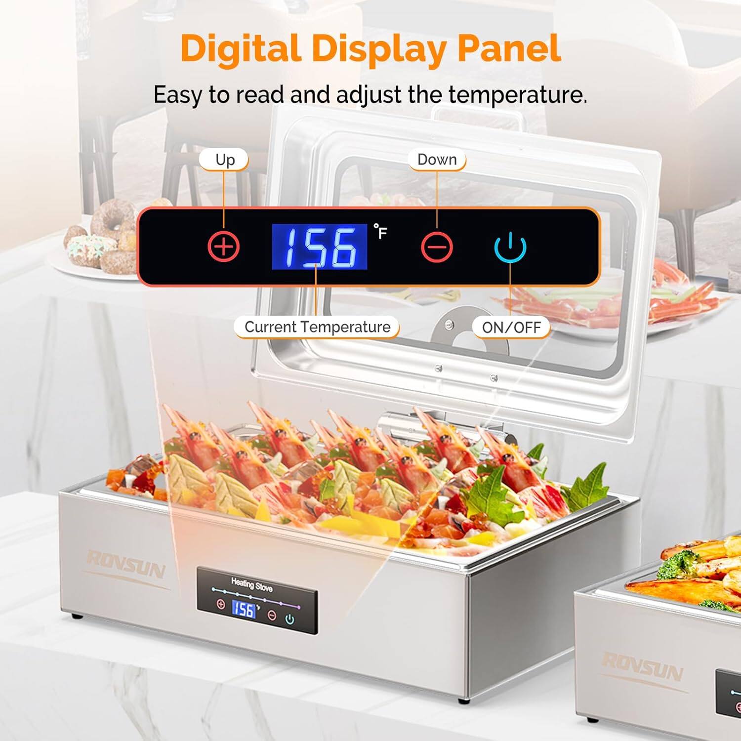 Digital Display Panel  
Easy to read and adjust the temperature.  

Up Down + F 156  
Current Temperature ON/OFF  

ROVSUN  
Heating Slow 0 1156 a25  
ROVSUN - E