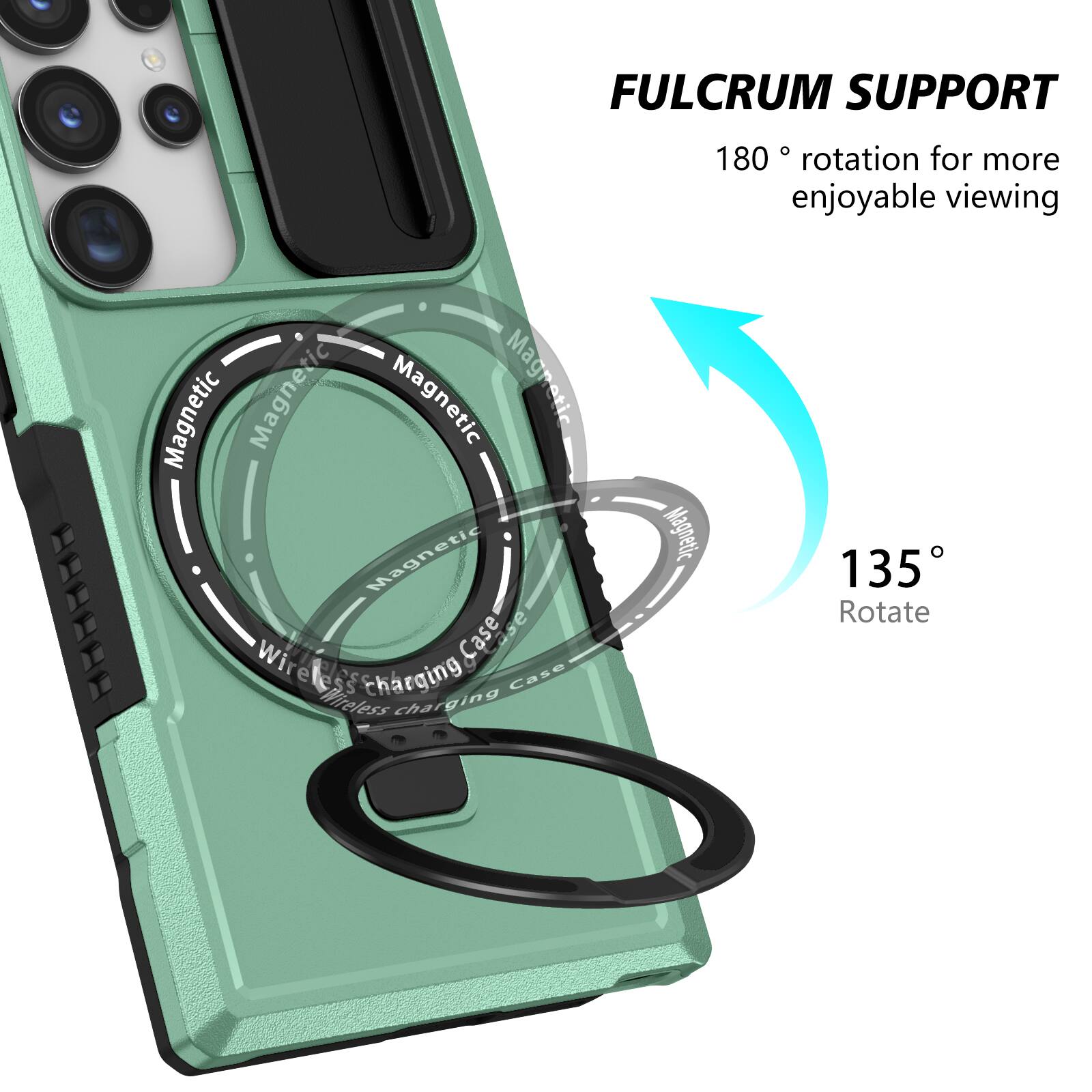 FULCRUM SUPPORT  
180° rotation for more enjoyable viewing  

Magnetic  
Wireless charging Case  

135°  
Rotate