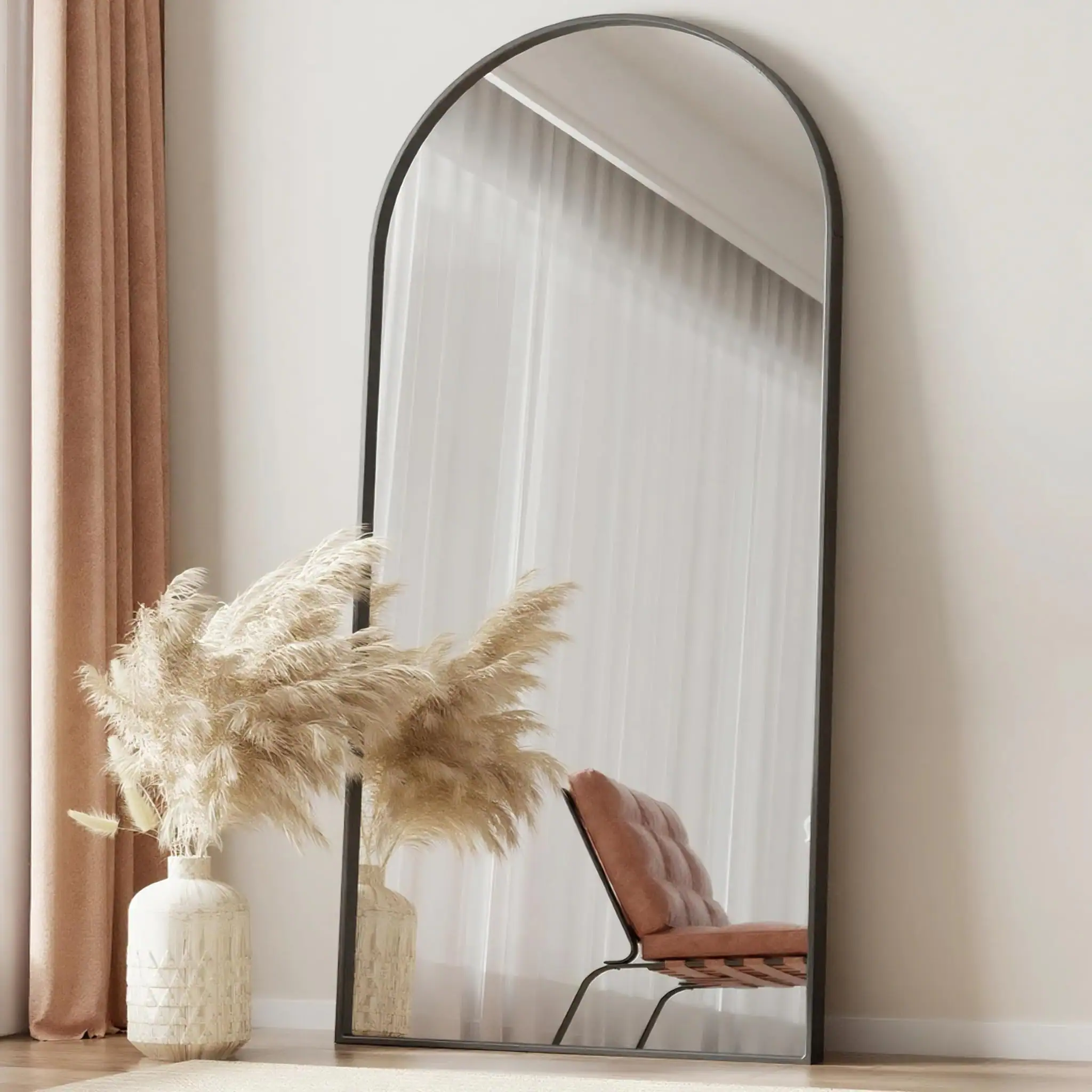 Front. Hanke - Floor Length Mirror Arch Full Hanging Or Leaning Body Mirrors With Stand Arched-top Wall Mounted Aluminum - Black 78"L x 38"W.