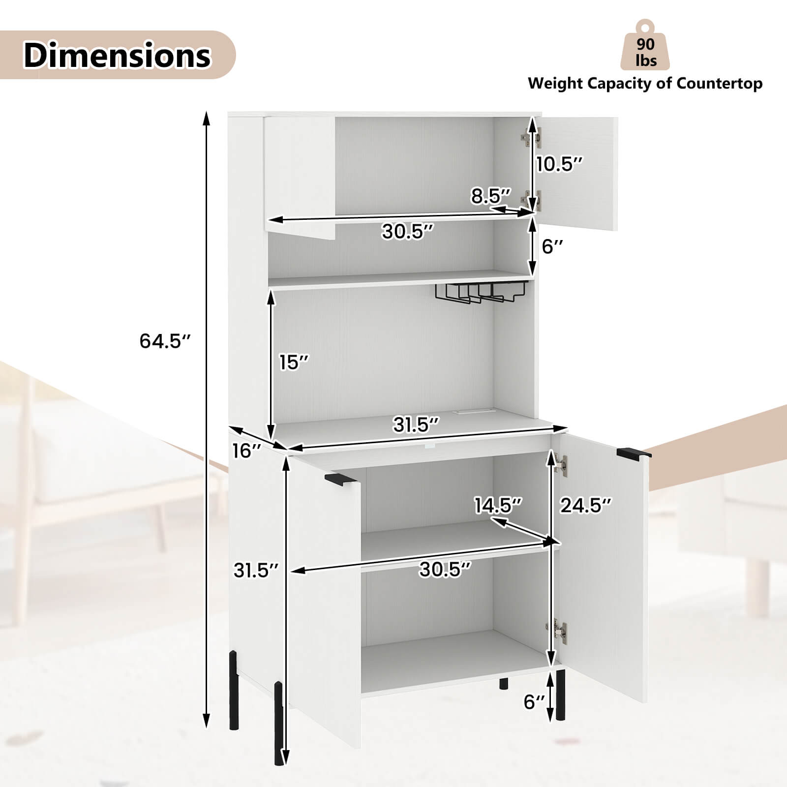 Dimensions:
- Height: 64.5"
- Width: 31.5"
- Depth: 16"
- Shelf 1: 30.5" (width) x 15" (depth)
- Shelf 2: 31.5" (width) x 14.5" (depth)
- Shelf 3: 30.5" (width) x 24.5" (depth)
- Countertop: 30.5" (width) x 10.5" (depth)
- Countertop Thickness: 0.5"
- Shelf Thickness: 6"

Weight Capacity of Countertop: 90 lbs