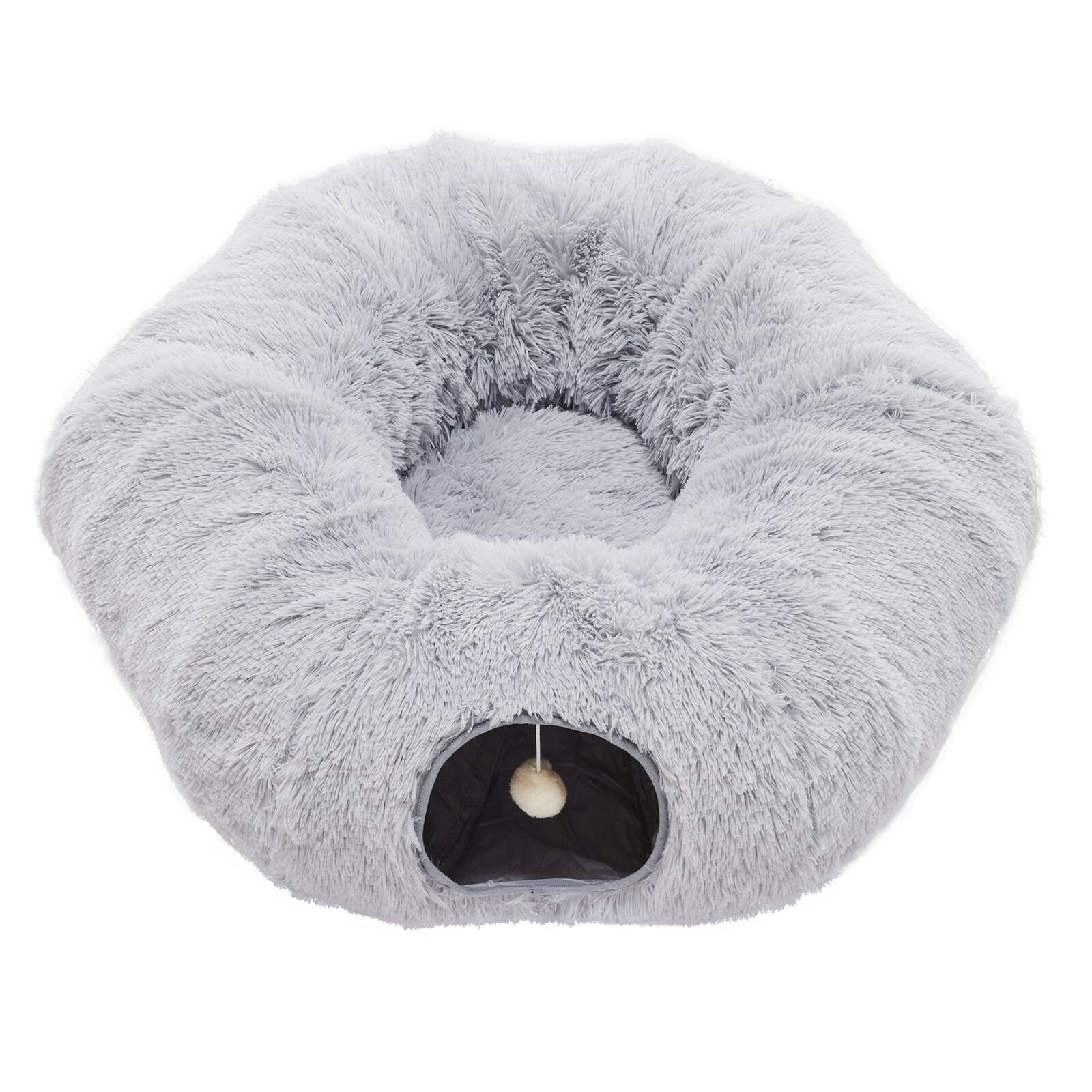 Alt View 1. AENKYO - Plush Cat Cave Bed With Removable Play Tunnel & Ball Toy – Dual-Entry, Machine Washable Cat Furniture. - Grey.