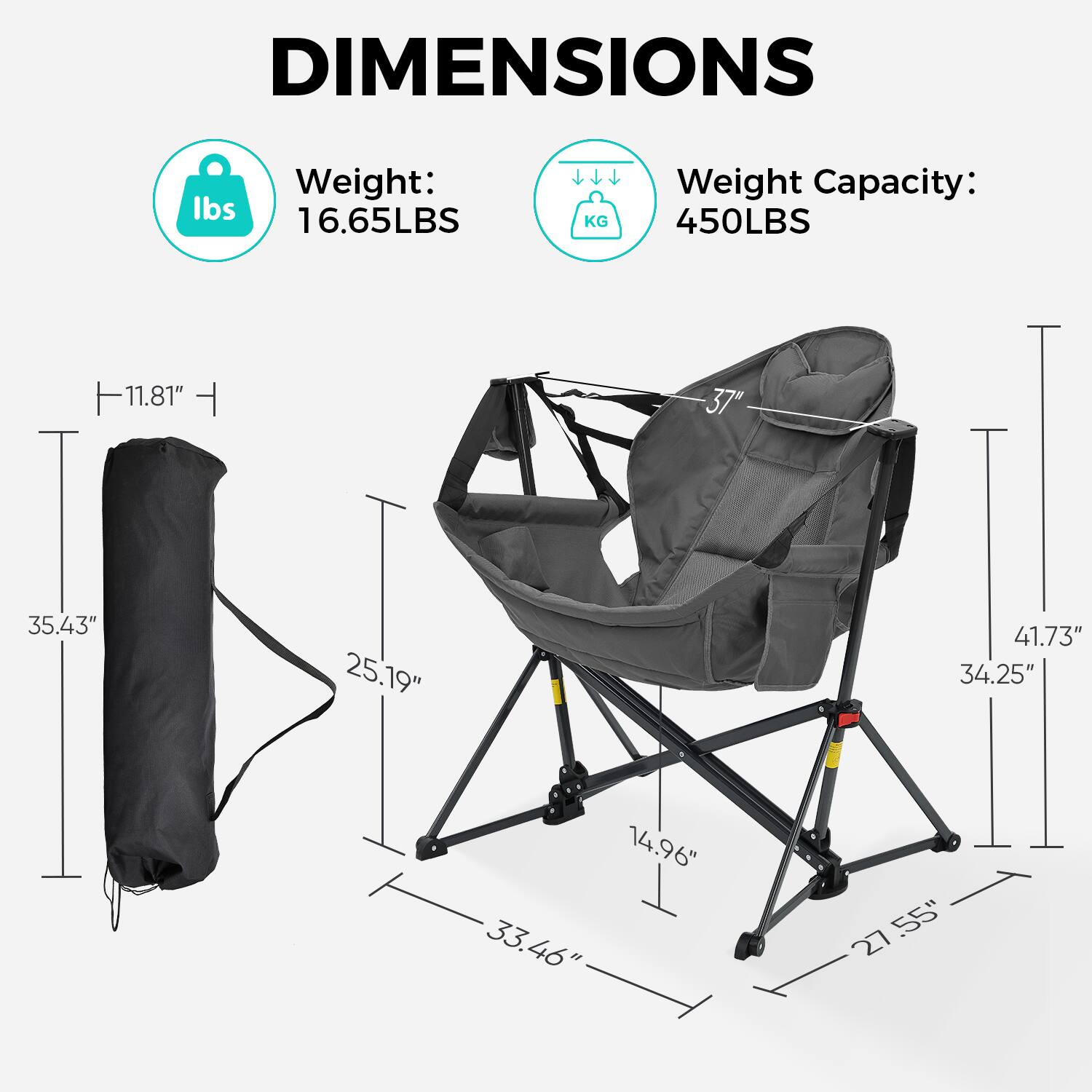 DIMENSIONS  
Weight: 16.65LBS  
Weight Capacity: 450LBS  

11.81"  
37"  
35.43"  
25.19"  
41.73"  
34.25"  
14.96"  
33.46"  
33.46"  
55"  
27.55"