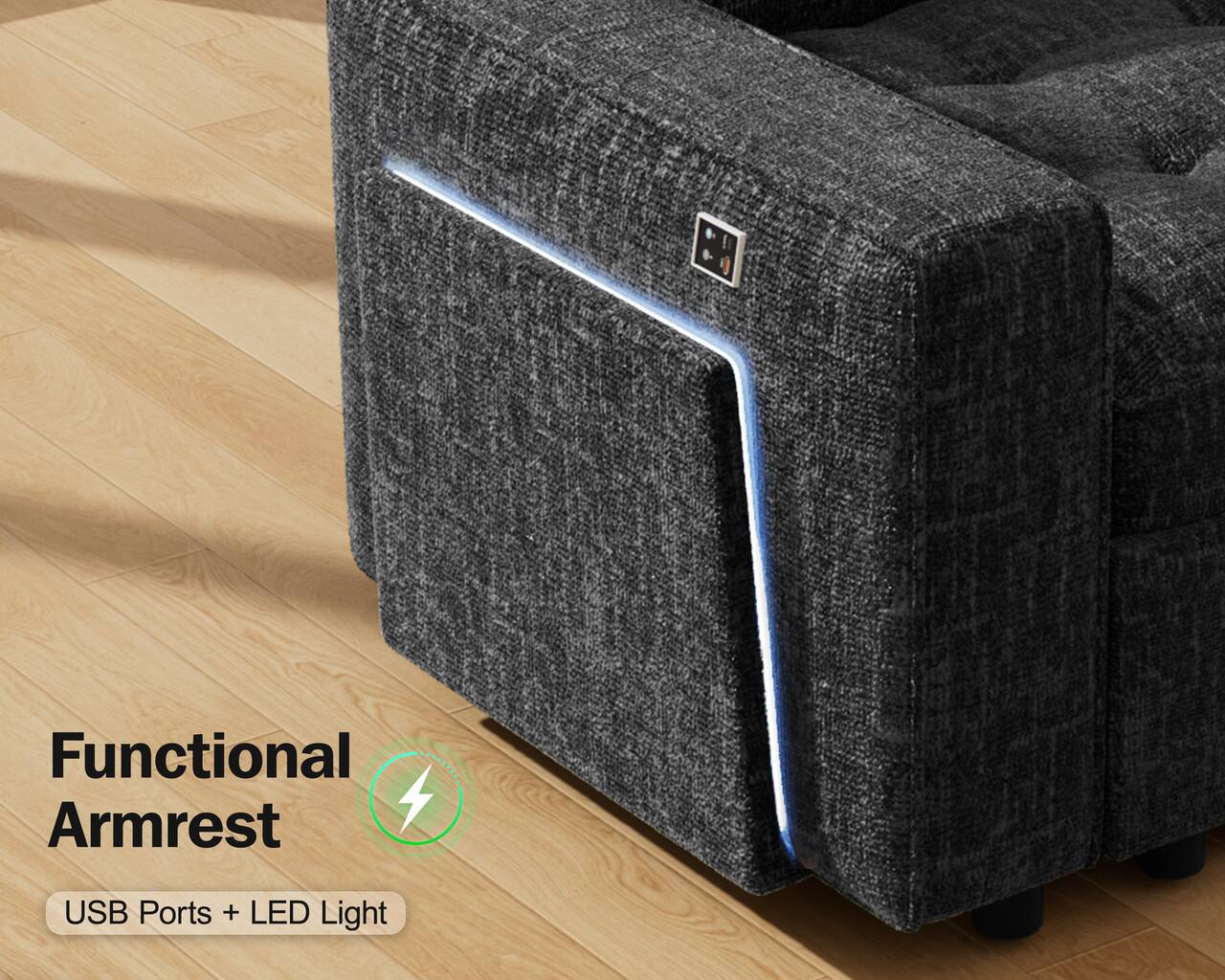 Functional Armrest  
USB Ports + LED Light