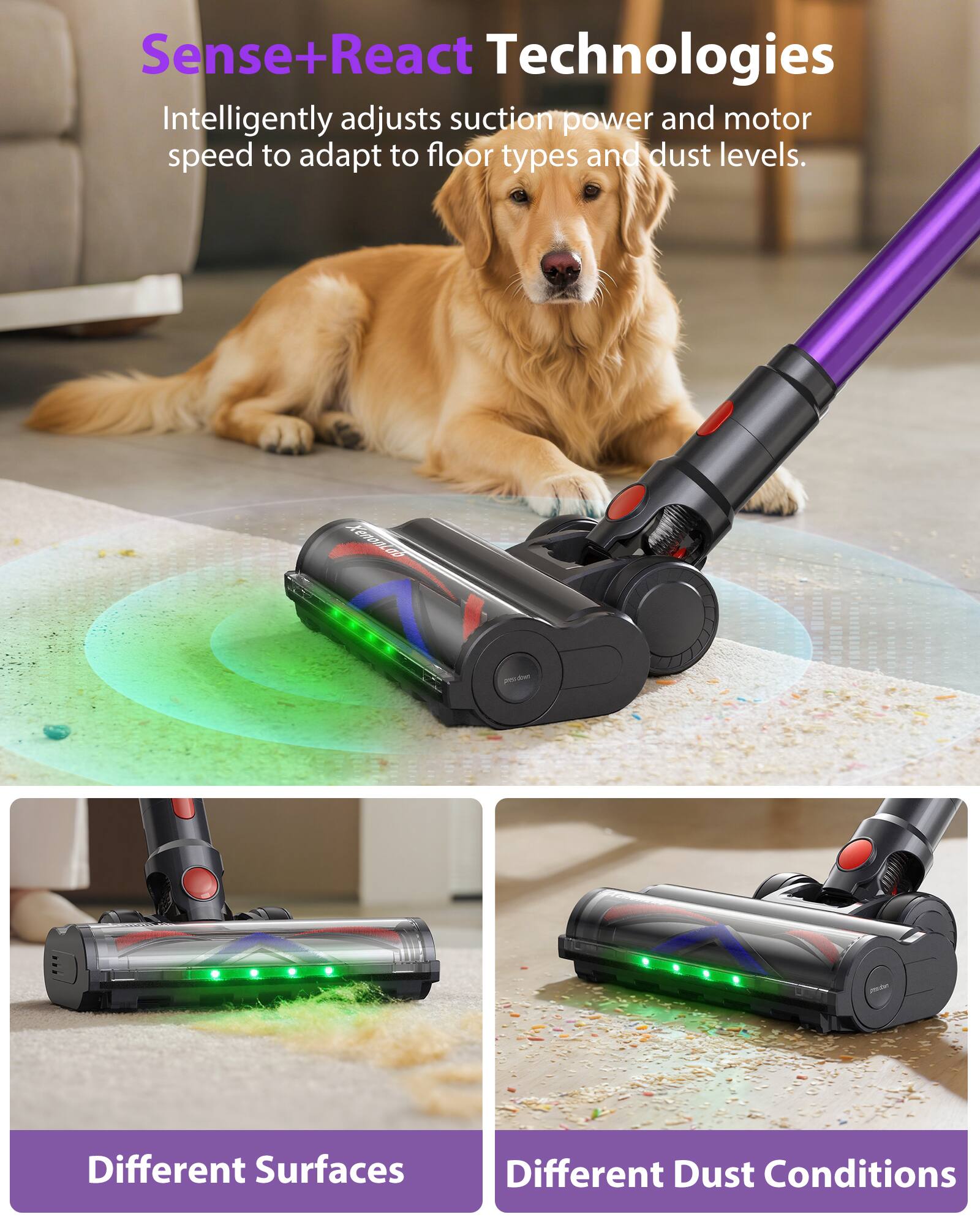 Sense+React Technologies  
Intelligently adjusts suction power and motor speed to adapt to floor types and dust levels.  

XenonLab  
provides  
Different Surfaces  
Different Dust Conditions