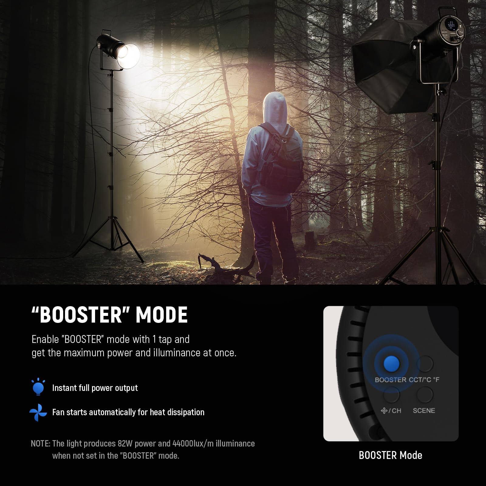 "BOOSTER" MODE

Enable "BOOSTER" mode with 1 tap and get the maximum power and illuminance at once.

- Instant full power output
- Fan starts automatically for heat dissipation

NOTE: The light produces 82W power and 44000lux/m illuminance when not set in the "BOOSTER" mode.

BOOSTER Mode