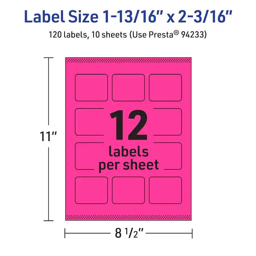 Avery Rectangle Labels, Neon Magenta, 1 13/16