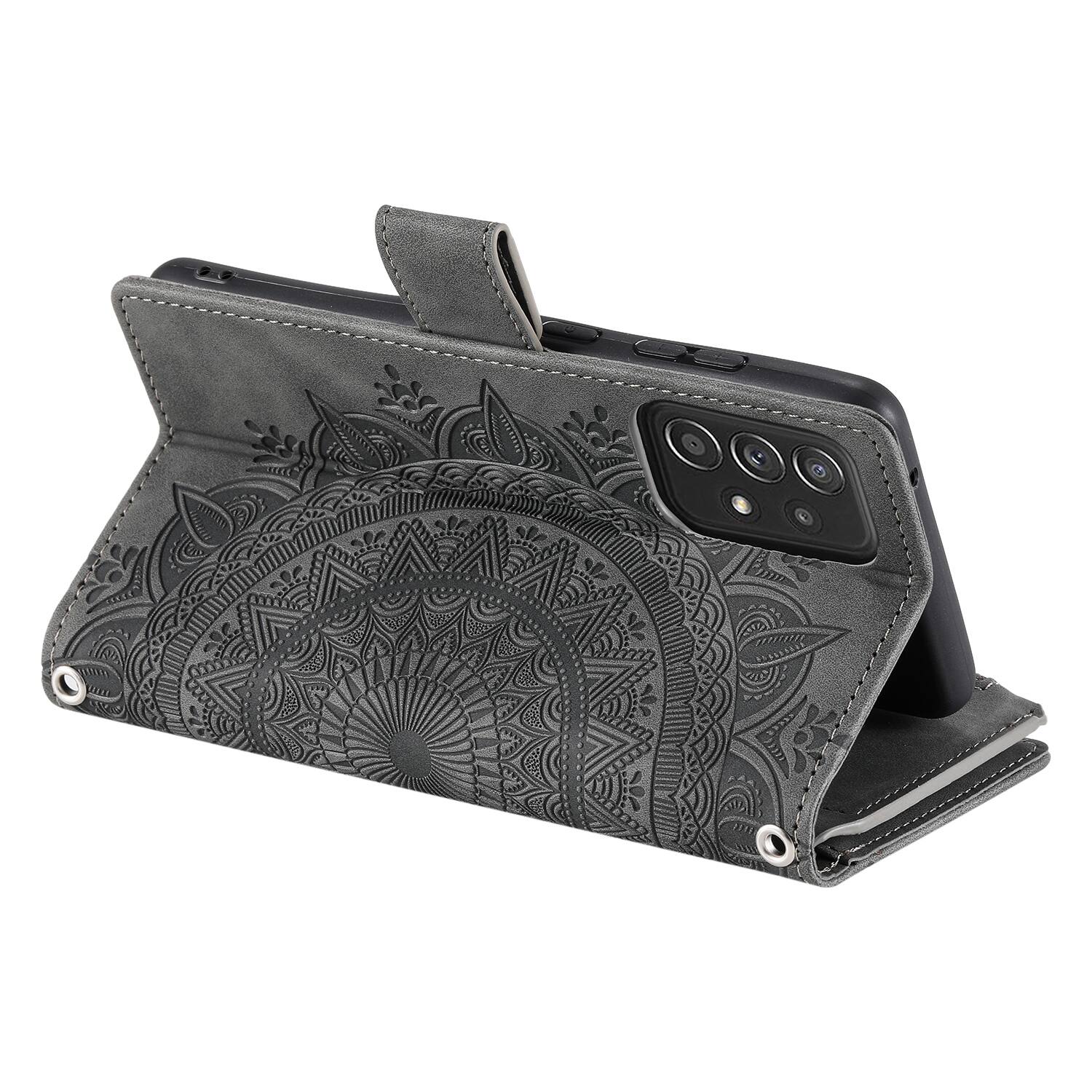 Alt View 1. Dteck - Wallet Case for Samsung Galaxy A17 5G Zipper Pocket Flowers PU Leather Flip Stand Cover With Crossbody+Wrist Strap - Gray.
