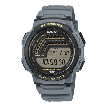 ILLUMINATOR
CASIO
ADJUST
LIGHT
10:58 50
ALM SIG
SUN 6-30
WR100M
SEARCH
START/SET
COUNTDOWN TIMER
10 YEAR BATTERY