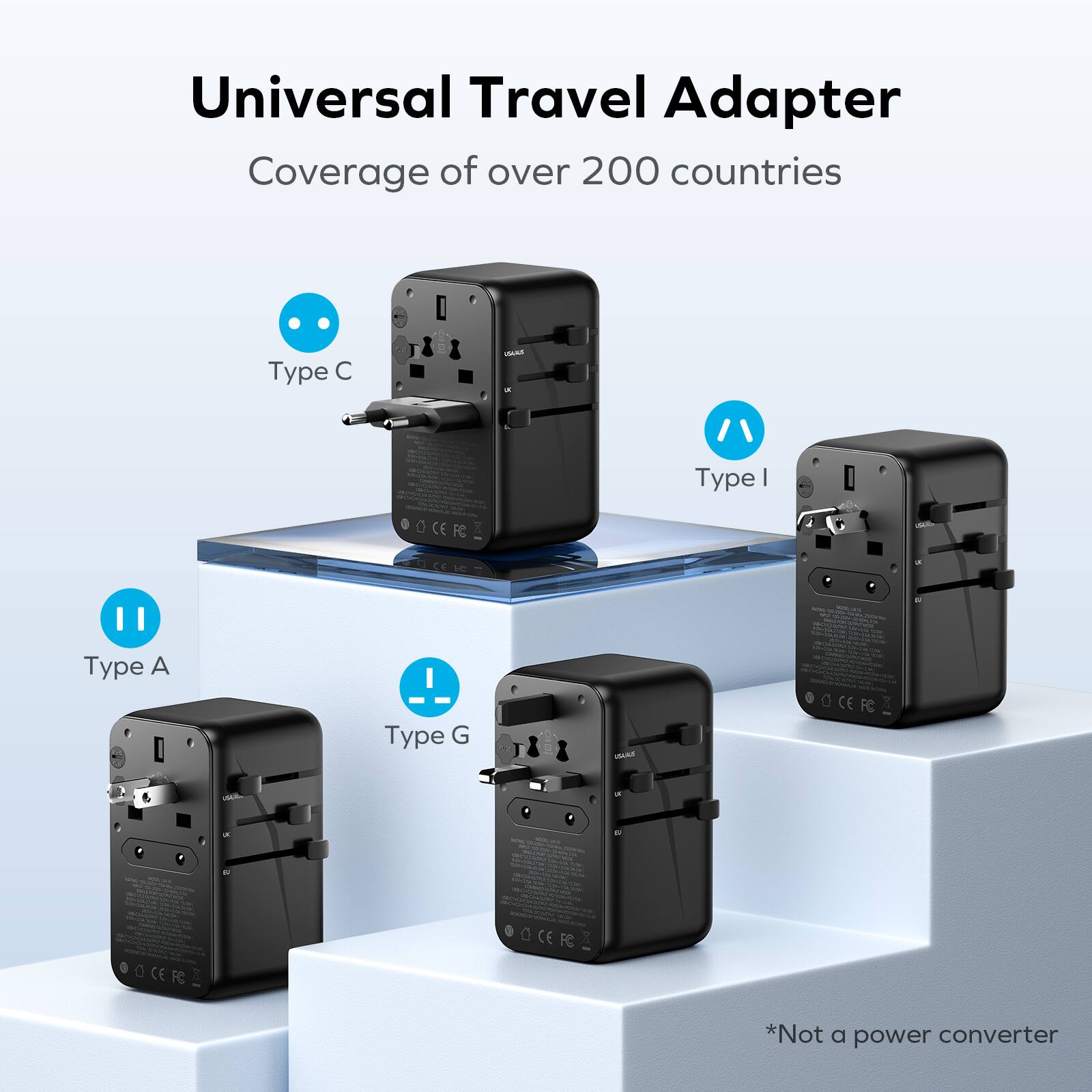 Universal Travel Adapter  
Coverage of over 200 countries  

Type C  
Type I  
Type A  
Type G  

*Not a power converter