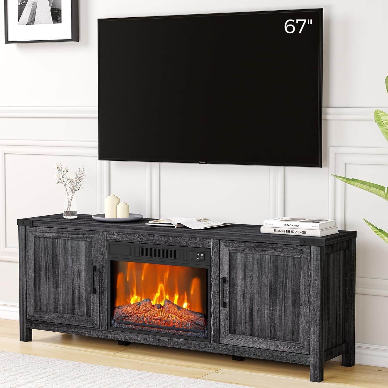 Qeetex - 67" Fireplace TV Stand with 23" Insert, 3 Brightness Levels, Remote & Timer, Media Console, Black Finish