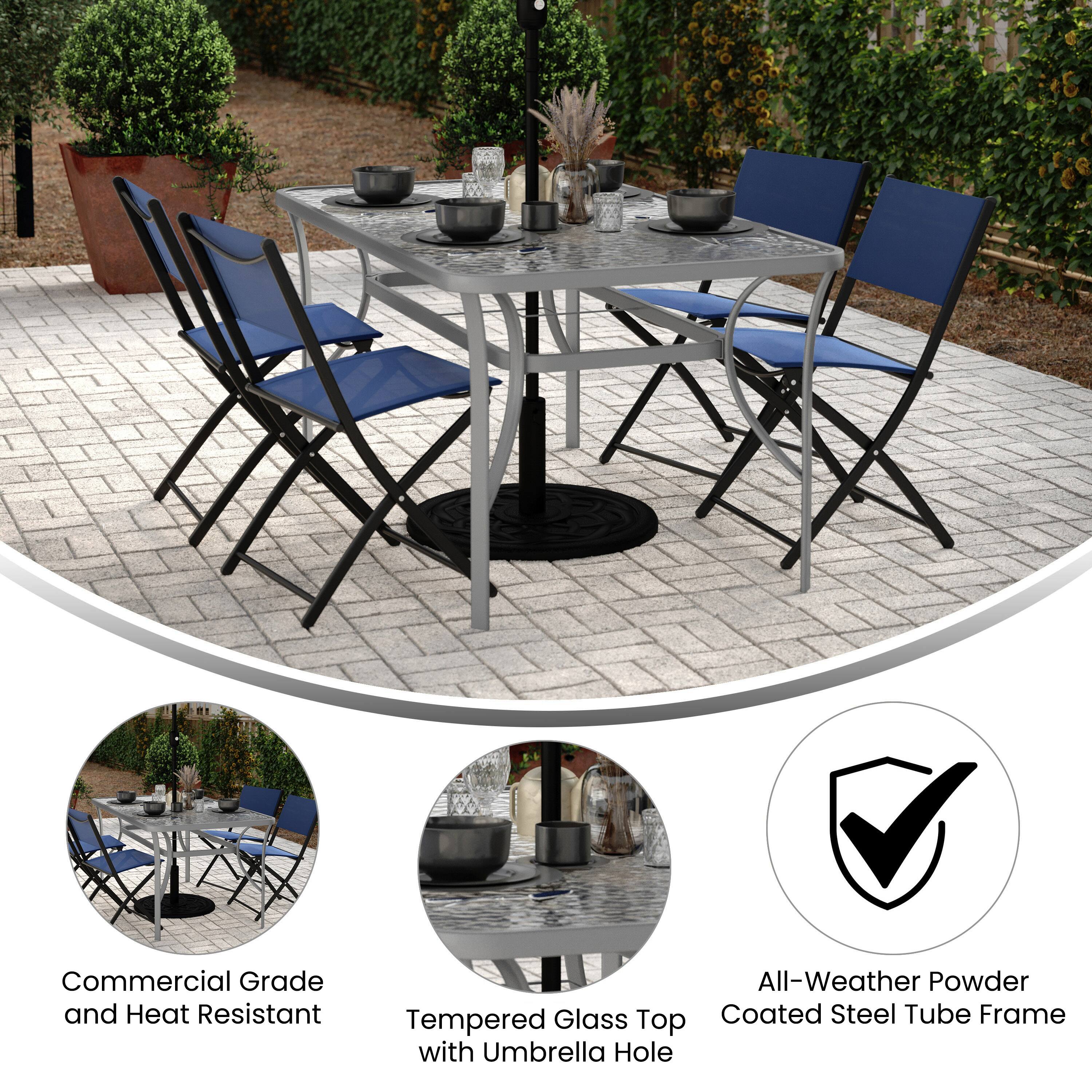 Commercial Grade and Heat Resistant All-Weather Powder Coated Steel Tube Frame with Umbrella Hole

- Commercial Grade and Heat Resistant
- Tempered Glass Top with Umbrella Hole
- All-Weather Powder Coated Steel Tube Frame