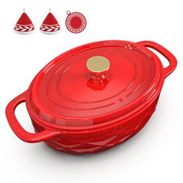 Winado - 7.5 QT Oval Enameled Cast Iron Dutch Oven Pot with Diamond Texture & Self-Basting Lid & Heat Resistant Mitts & Pot Mat - Red