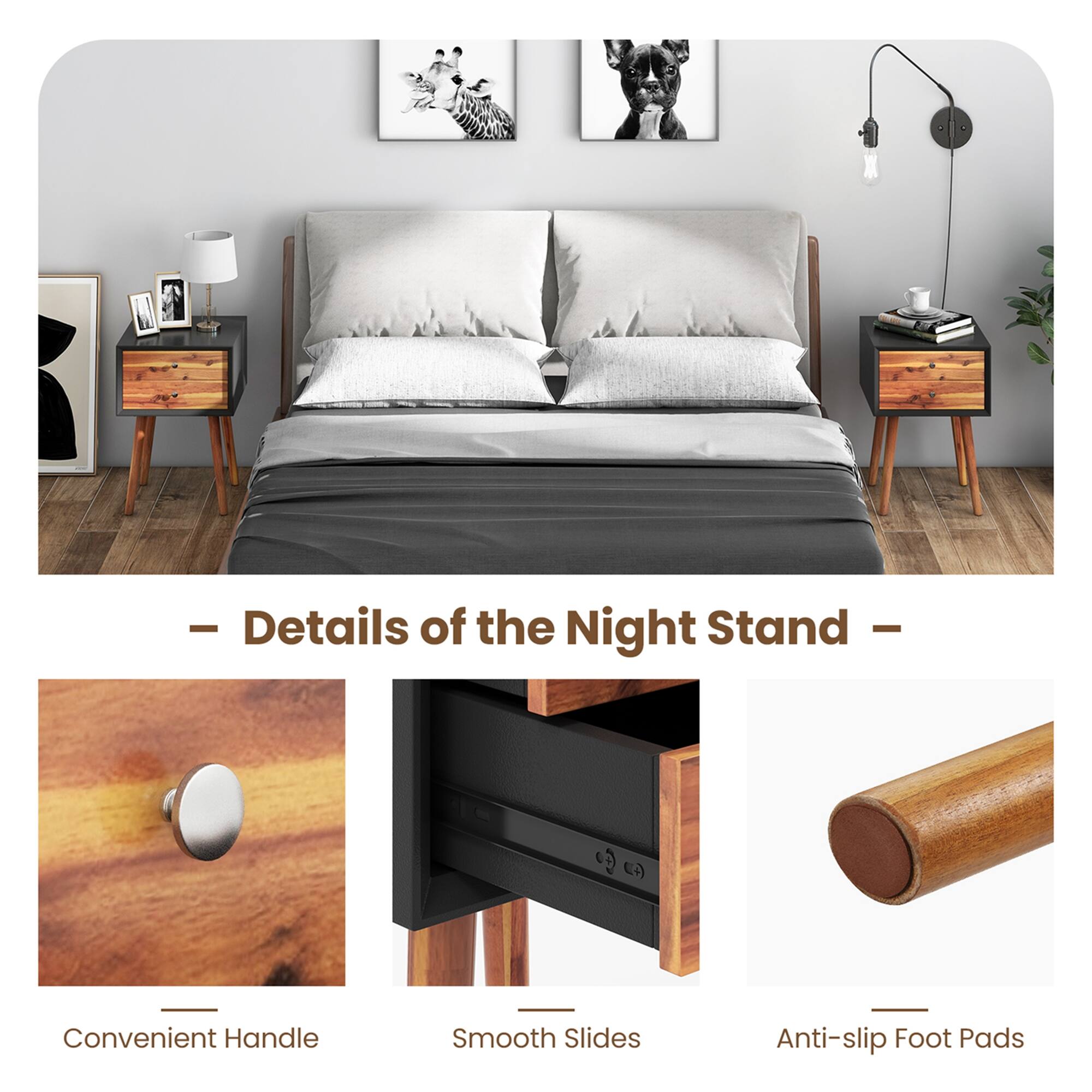 Details of the Night Stand: Convenient Handle, Smooth Slides, Anti-slip Foot Pads.