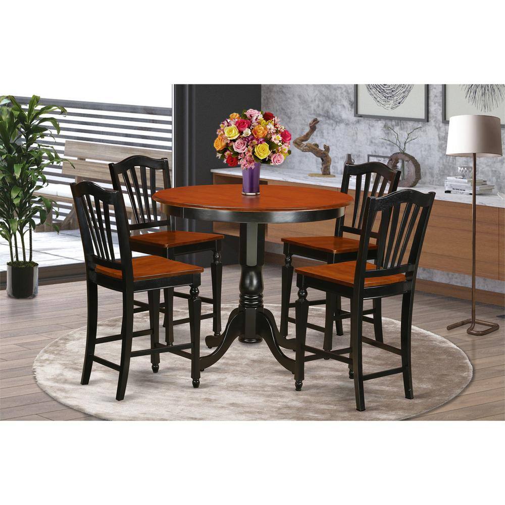 Back. East West Furniture - 5 Pc counter height Dining room set - counter height Table and 4 Kitchen Chairs. - Black & Cherry.