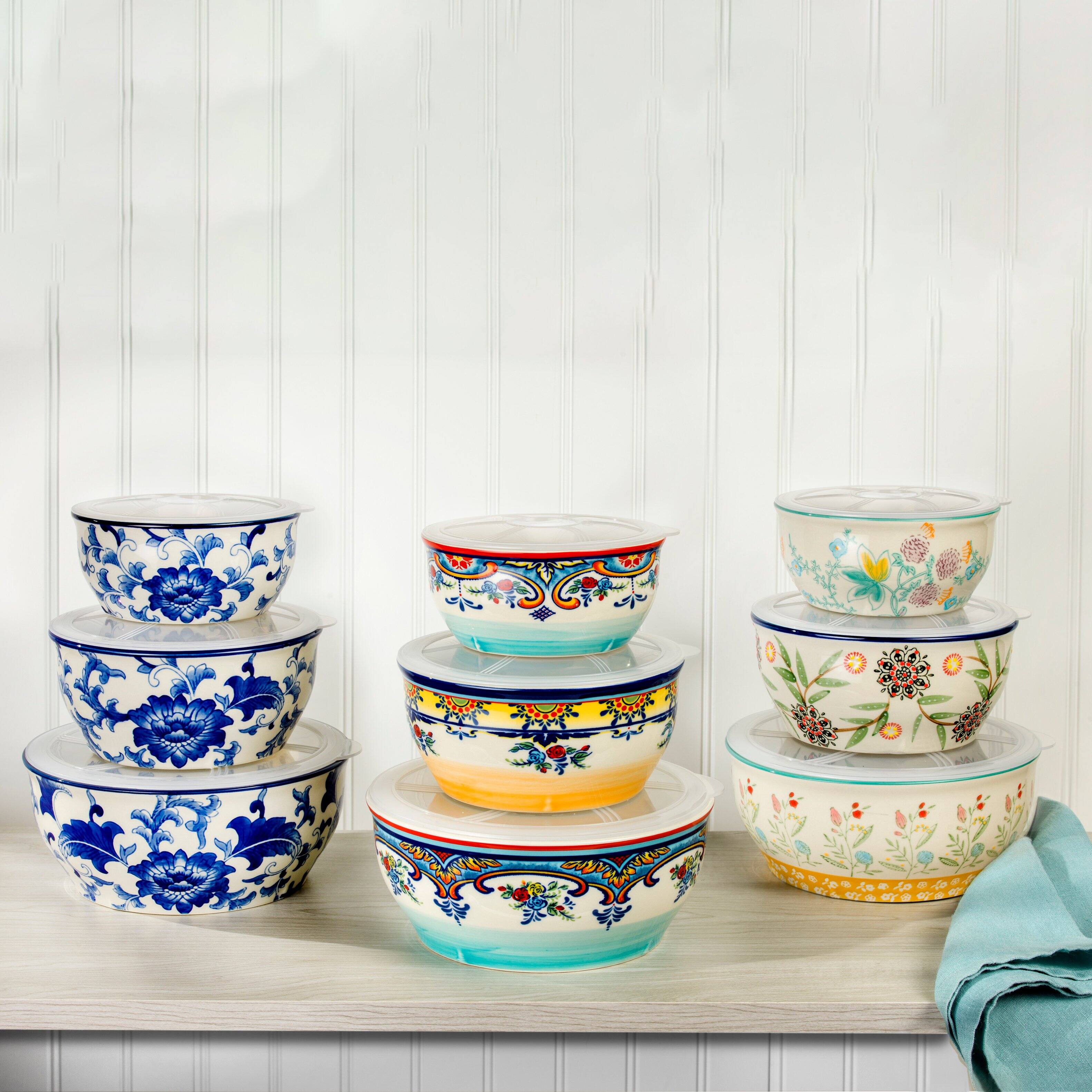 Alt View 2. Euro Ceramica Home - Blue Garden Chinoiserie “Hold Everything” 3-Piece Round Stoneware Storage Bowls Set - Blue / White.