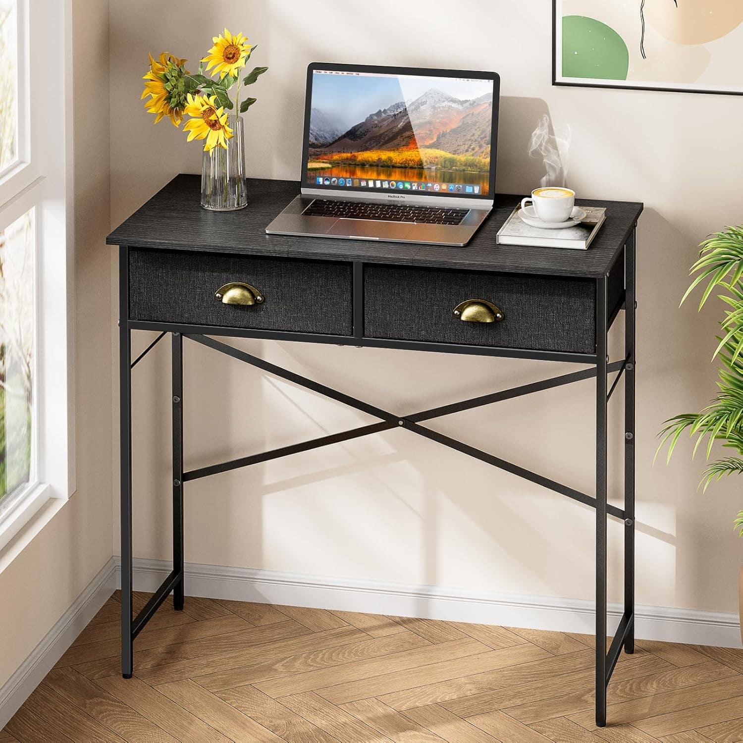 Zell Electronics - 31.5 Inch Fabric Drawer DeskCompact Study Table for Bedroom, Dorm, or Small Spaces - Black