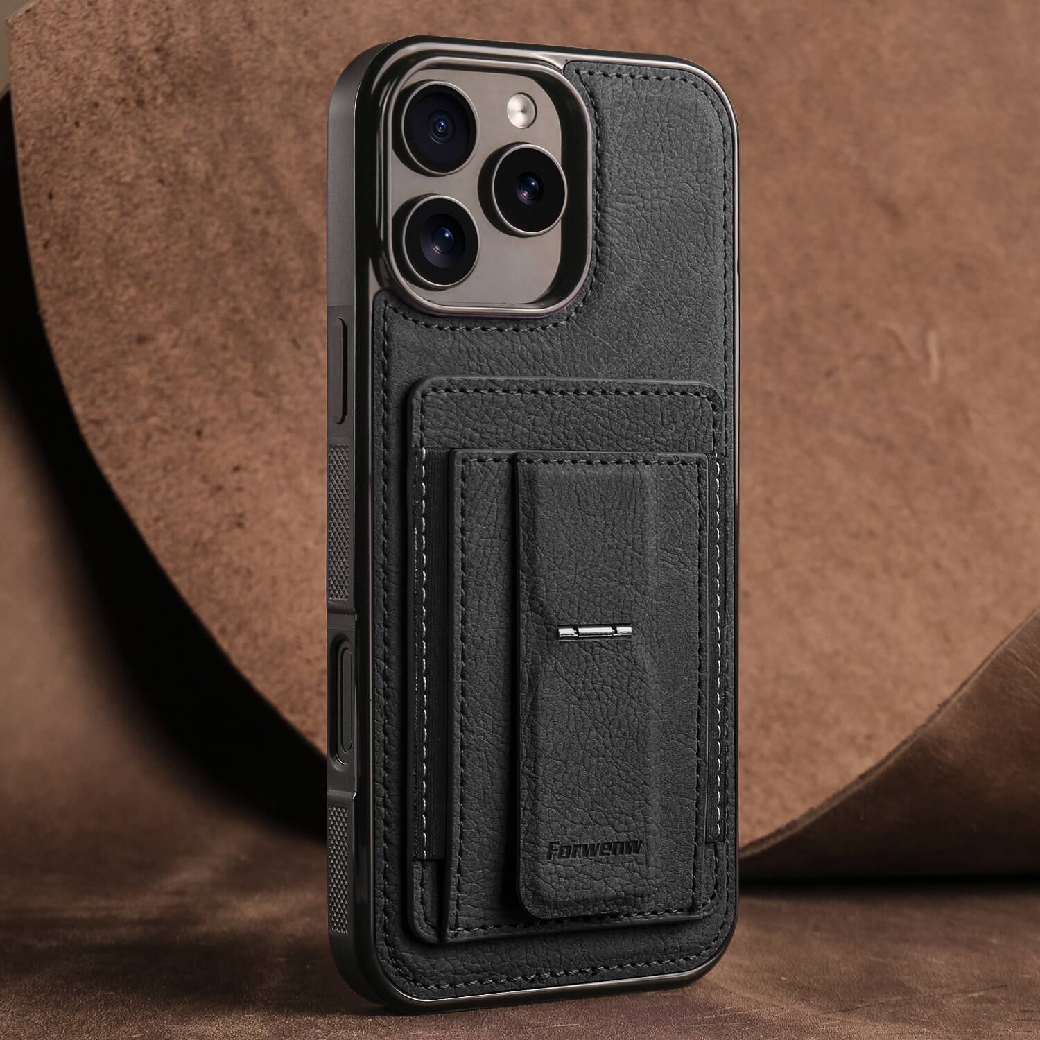 Angle. Dteck - Slim Card Holder Case for Apple iPhone 16 Pro Max, Shockproof Wallet Protective Cover with Kickstand - Black.