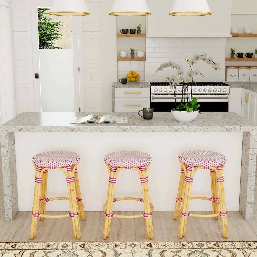Alt View 5. Butler Specialty - Tobias Rattan Round 24" Counter Stool - White And Pink Dot.