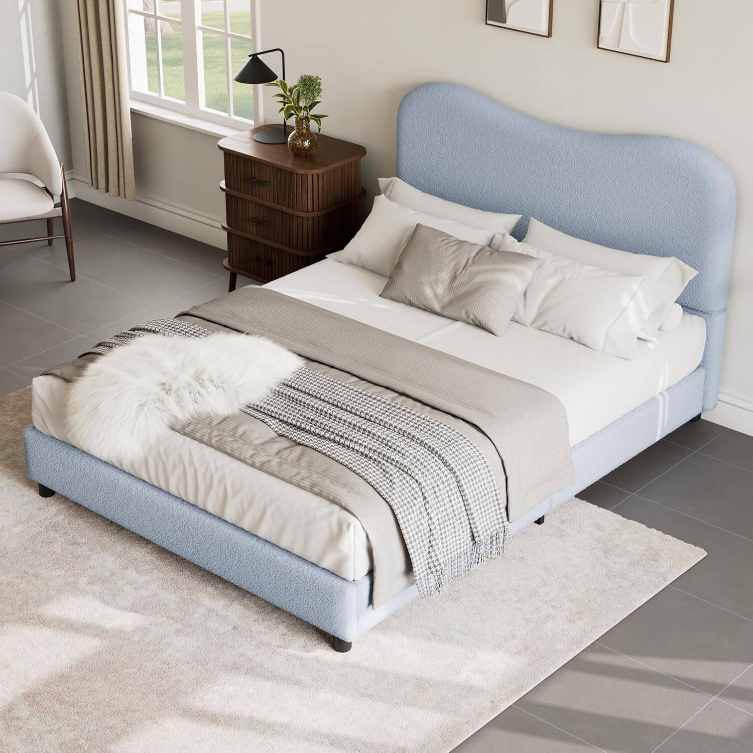 Back. Qeetex - Upholstered Kids Bed Frame with Soft Boucle Fabric Headboard, Wooden Slats Support, Low Profile Frame - Blue.